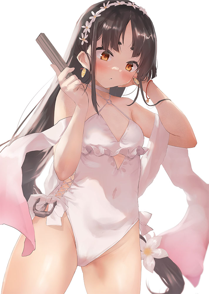 toka (marchlizard), nisshin (kancolle), sagiri (kancolle), sagiri (swimsuit) (kancolle), kantai collection, 1girl, alternate hairstyle, anchor ornament, black hair, breasts, brown eyes, casual one-piece swimsuit, cosplay, covered navel, cowboy shot, criss-cross halter, earrings, flower, folded fan, folding fan, food-themed earrings, food themed earrings, frilled one-piece swimsuit, frills, hair down, hair flower, hair ornament, hairband, halterneck, hand fan, holding, holding fan, jewelry, lemon earrings, long hair, one-piece swimsuit, sagiri (kancolle) (cosplay), shawl, short eyebrows, side-tie swimsuit, standing, swimsuit, thick eyebrows, very long hair, white one-piece swimsuit, white shawl