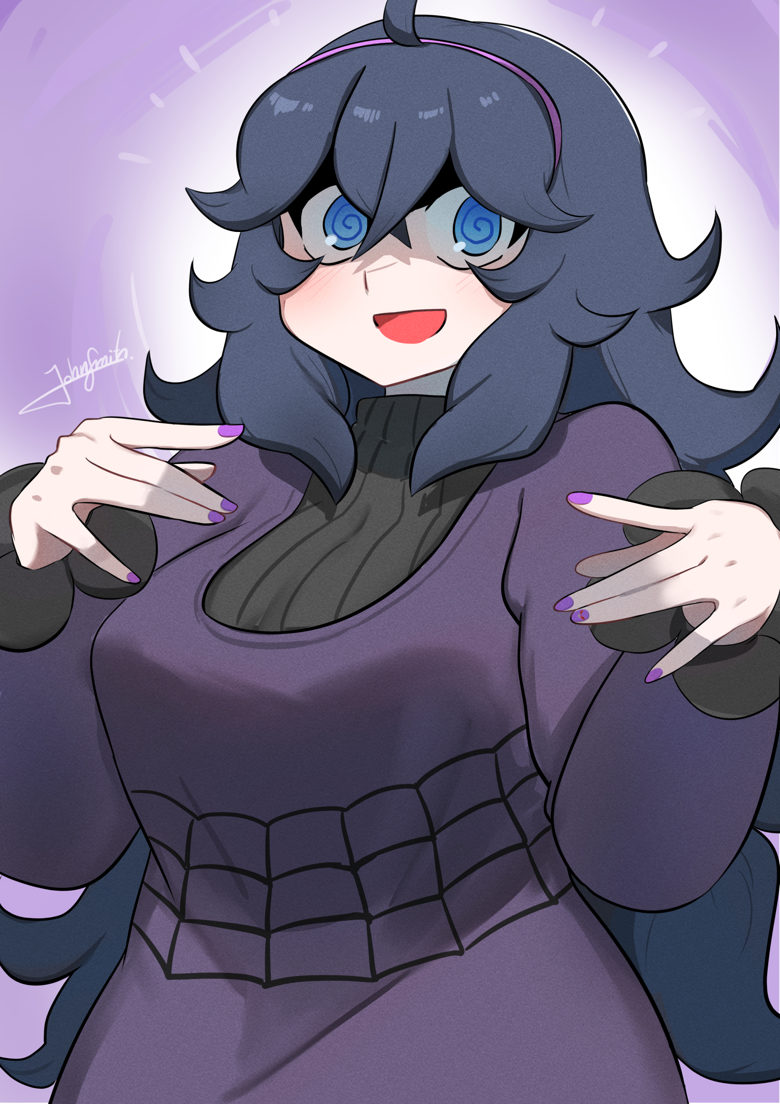 john (a2556349), hex maniac (pokemon), nintendo, pokemon, pokemon xy, highres, 1girl, @ @, ahoge, artist name, bags under eyes, breasts, crossed bangs, dress, hair between eyes, hairband, long dress, long hair, long sleeves, looking at viewer, messy hair, open mouth, purple background, purple dress, purple hairband, purple nails, solo, turtleneck, turtleneck dress, very long hair