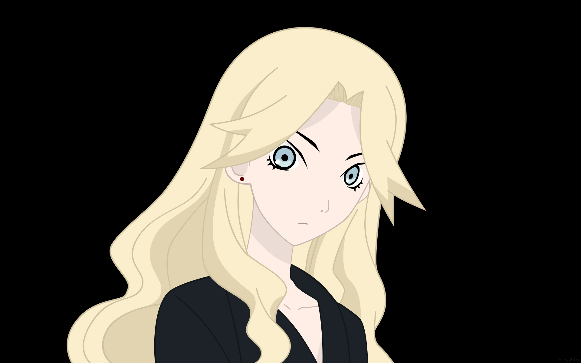 kimura kaere, sayonara zetsubou sensei, highres, tagme, 00s, 1girl, black theme, blonde hair, blue eyes, earrings, female focus, jewelry, long hair, simple background, solo