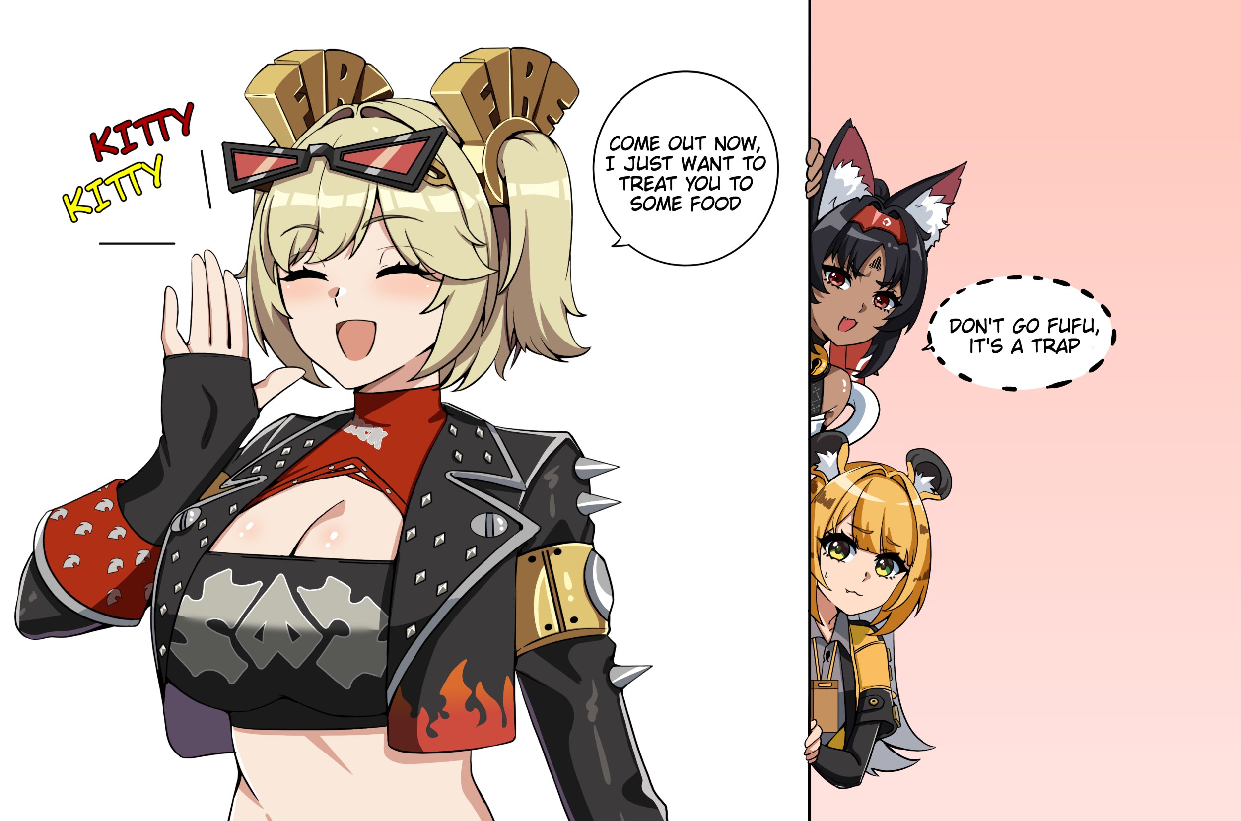 lion space, burnice white, ju fufu, nekomiya mana, zenless zone zero, highres, 3girls, animal ear fluff, animal ears, black hair, black jacket, blonde hair, breasts, cat ears, cat girl, cleavage, crop top, english text, eyewear on head, gloves, jacket, multiple girls, open mouth, red-tinted eyewear, red eyes, sunglasses, tiger ears, tiger girl, tinted eyewear, twintails
