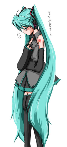 maki eve, makishi miya, hatsune miku, vocaloid, bad id, bad pixiv id, …, 1girl, detached sleeves, female focus, green eyes, green hair, headphones, long hair, matching hair/eyes, necktie, simple background, skirt, solo, thighhighs, twintails, white background, zettai ryouiki