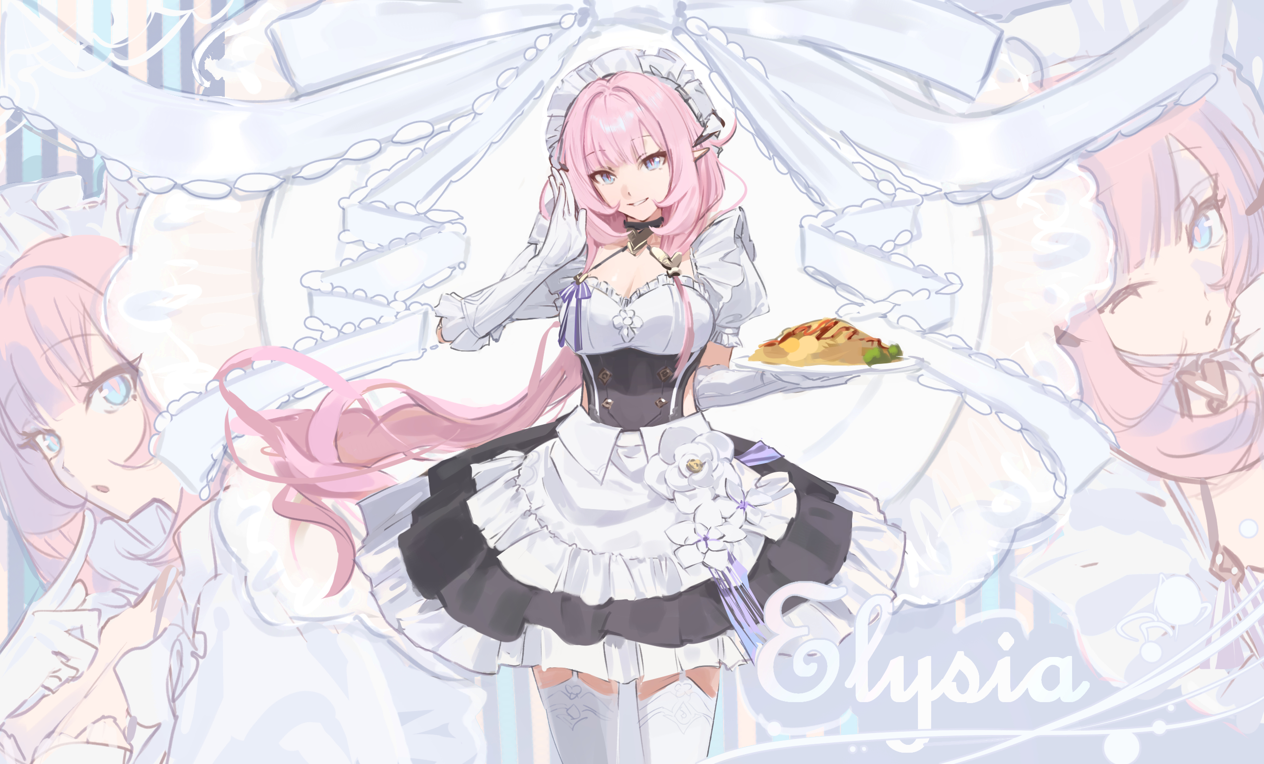 miaooon, elysia (honkai impact), elysia (miss pink) (honkai impact), elysia (miss pink elf) (honkai impact), honkai (series), honkai impact 3rd, commentary, english commentary, highres, 1girl, apron, black dress, blue eyes, breasts, character name, cleavage, dress, elbow gloves, elf, fake horns, food, gloves, holding, holding plate, horns, large breasts, looking at viewer, maid, maid apron, maid headdress, multiple views, official alternate costume, omelet, omurice, pink hair, plate, pointy ears, thighhighs, white gloves, white thighhighs