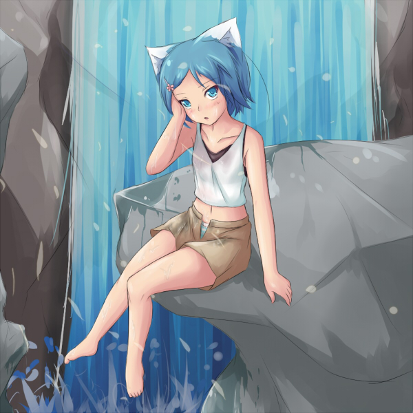 ast exception, fuyutsuki asuto, yukina (fuyutsuki asuto), original, 1girl, adjusting hair, animal ears, barefoot, blue eyes, blue hair, female focus, hair ornament, hairpin, hand in own hair, looking at viewer, matching hair/eyes, midriff, navel, open fly, open zipper, panties, short hair, shorts, sitting, solo, striped clothes, striped panties, underwear, unzipped, water, waterfall, wet, zipper