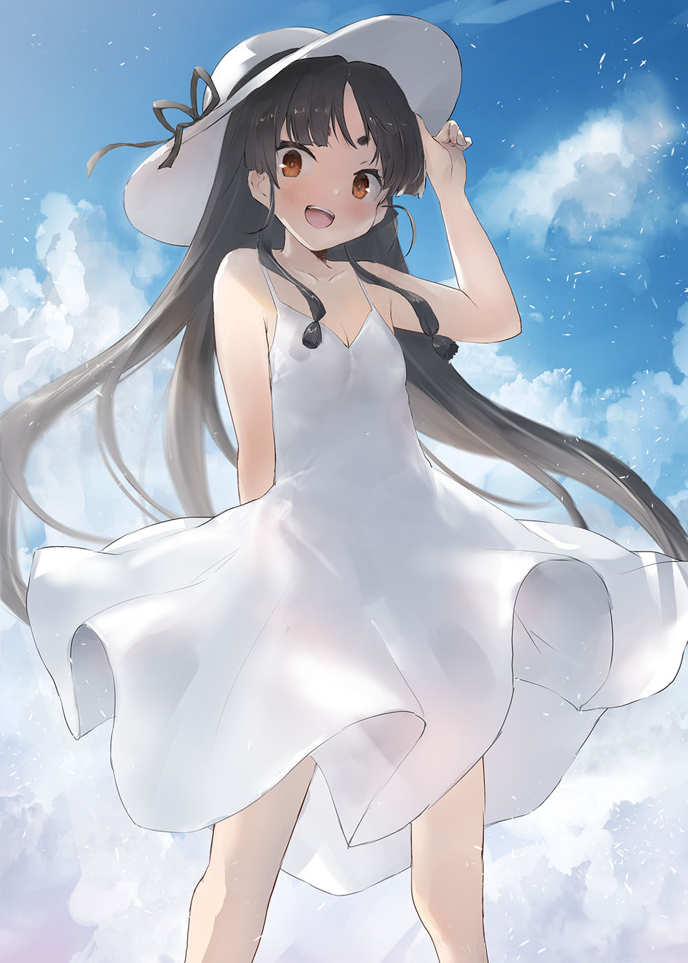 toka (marchlizard), nisshin (kancolle), kantai collection, highres, 1girl, alternate costume, arm behind back, black hair, blush, brown eyes, cloud, cloudy sky, day, dress, hat, long hair, looking at viewer, ocean, open mouth, outdoors, petals, ribbon, see-through silhouette, short eyebrows, sky, sleeveless, sleeveless dress, smile, solo, spaghetti strap, sun hat, sundress, thick eyebrows, very long hair, water, white dress