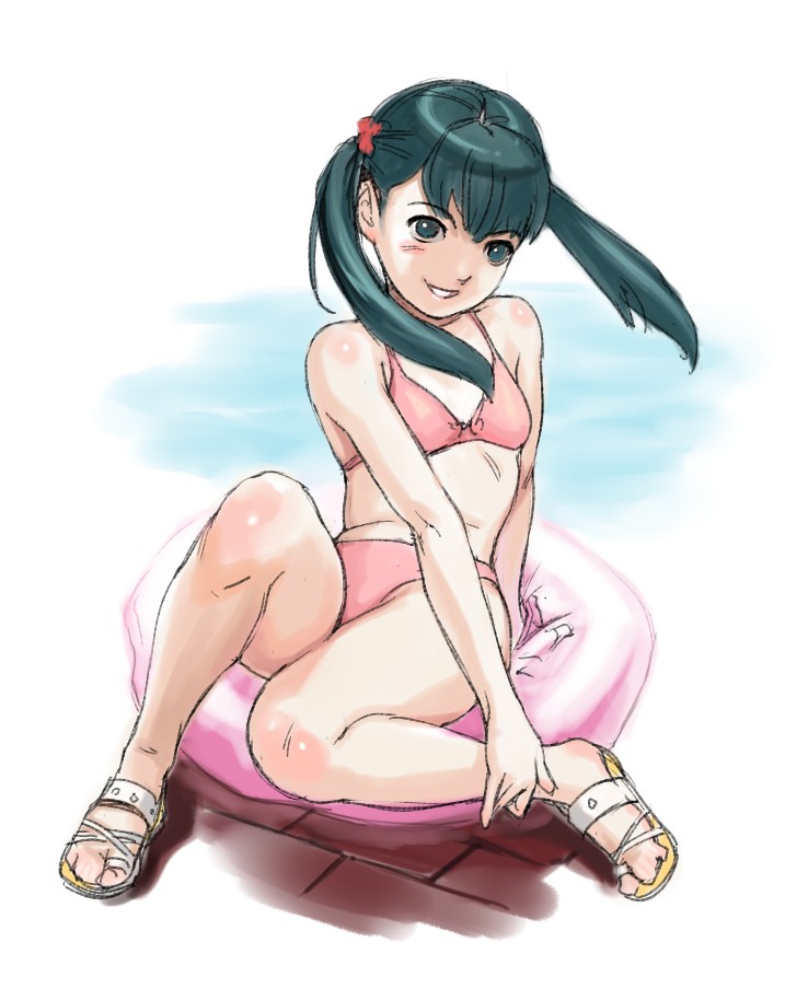 ebisui, original, derivative work, 1girl, bikini, blush, female focus, flat chest, green eyes, green hair, innertube, matching hair/eyes, pink bikini, pool, poolside, sandals, sitting, smile, solo, swim ring, swimsuit, twintails