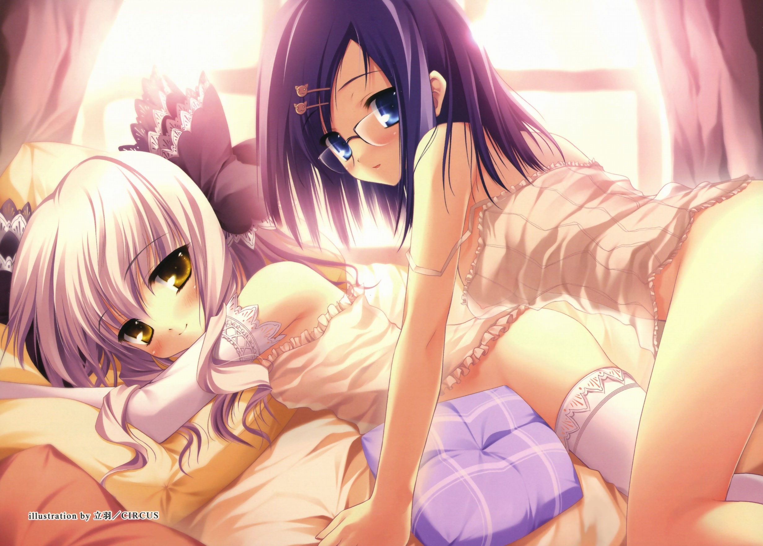 tateha (marvelous grace), sawai maya, yukimura anzu, da capo, da capo ii, silver hair, highres, 00s, 2girls, bed, blue eyes, blue hair, blush, breasts, brown eyes, elbow gloves, glasses, gloves, looking at viewer, lying, multiple girls, nipples, no panties, see-through clothes, small breasts, smile, thighhighs