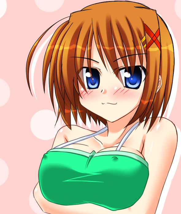 lask, yagami hayate, lyrical nanoha, mahou shoujo lyrical nanoha, mahou shoujo lyrical nanoha strikers, 00s, 1girl, :3, blue eyes, blush, breasts, brown hair, covered erect nipples, female focus, hair ornament, large breasts, solo, x hair ornament