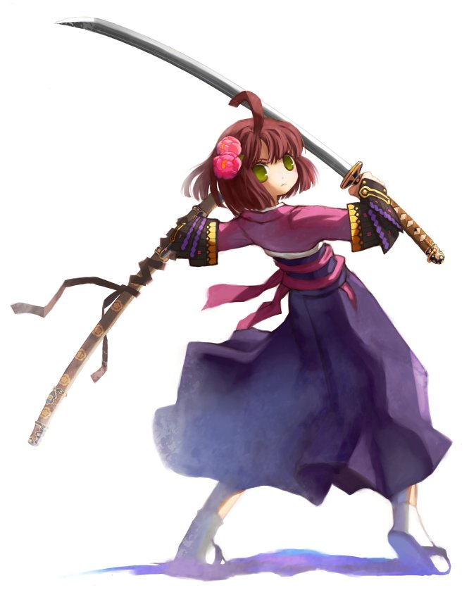 shiden, bushidou (sekaiju), bushidou 4 (sekaiju), atlus, etrian odyssey, bad id, bad pixiv id, ahoge, brown hair, green eyes, sheath, sword, weapon