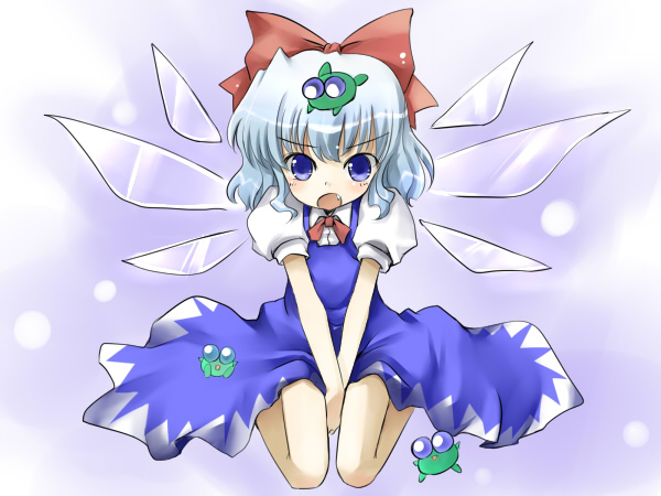 yuugiri (artist), yuugiri (u-slash), cirno, touhou, 1girl, bow, female focus, frog, solo
