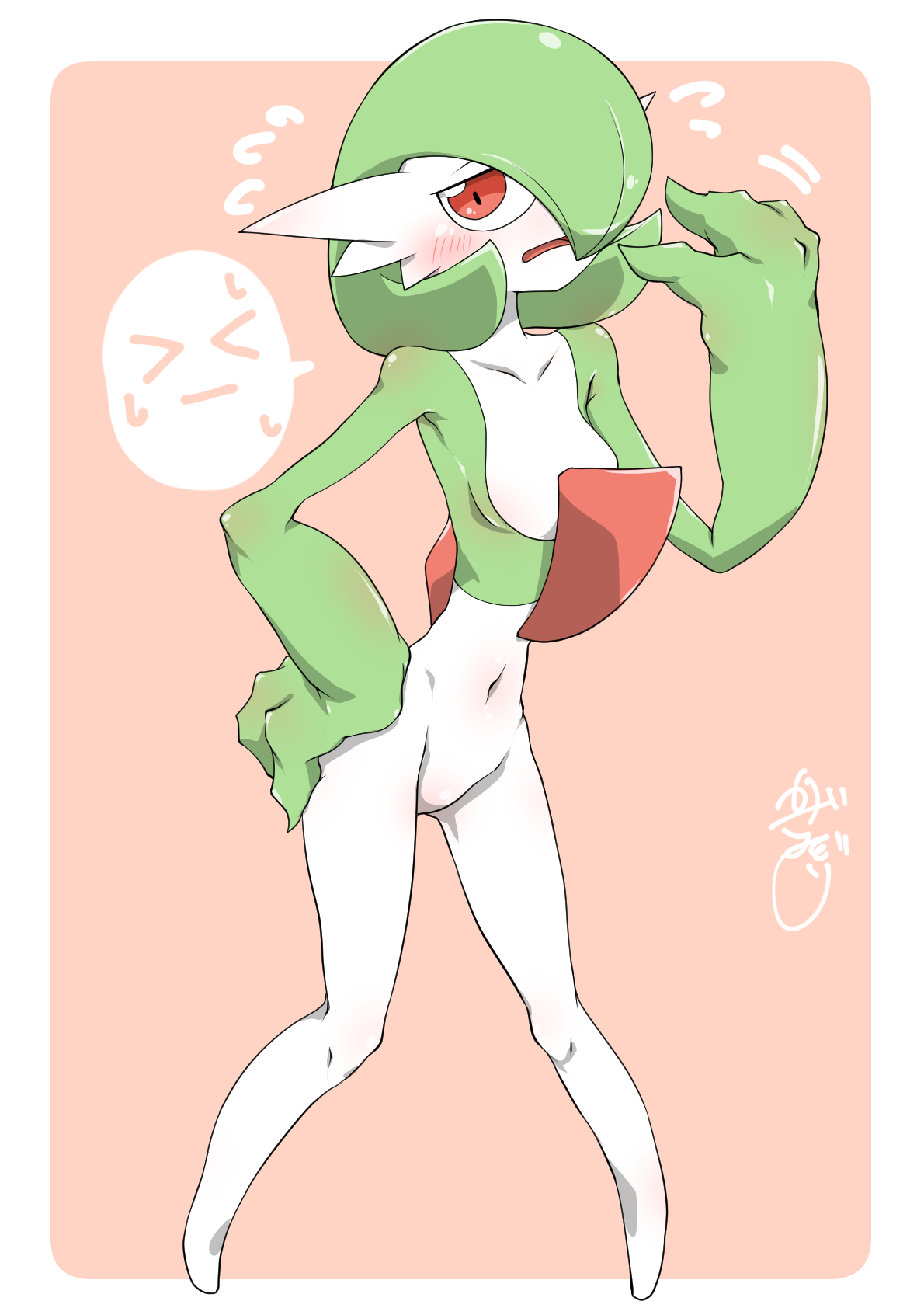 kazamidoririnn, gardevoir, nintendo, pokemon, > <, 1girl, artist name, blush, bob cut, border, breasts, collarbone, colored skin, embarrassed, female focus, flying sweatdrops, full body, gen 3 pokemon, green hair, green skin, groin, hair over one eye, half-closed eyes, hand on own hip, hand up, legs, looking at viewer, multicolored skin, navel, no feet, no pussy, one eye covered, open mouth, outside border, pink background, pokemon (creature), red eyes, short hair, signature, simple background, small breasts, solo, spoken expression, standing, stomach, two-tone skin, white border, white skin