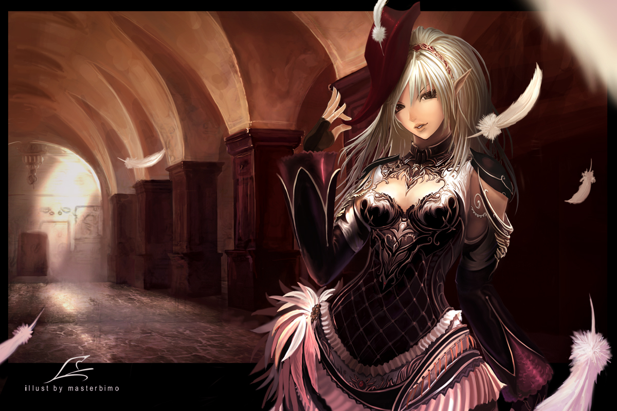 tachikawa mushimaro, elf (lineage 2), lineage, lineage 2, original, silver hair, 1girl, architecture, breasts, cleavage, elf, feathers, female focus, hairband, hat, pointy ears, solo