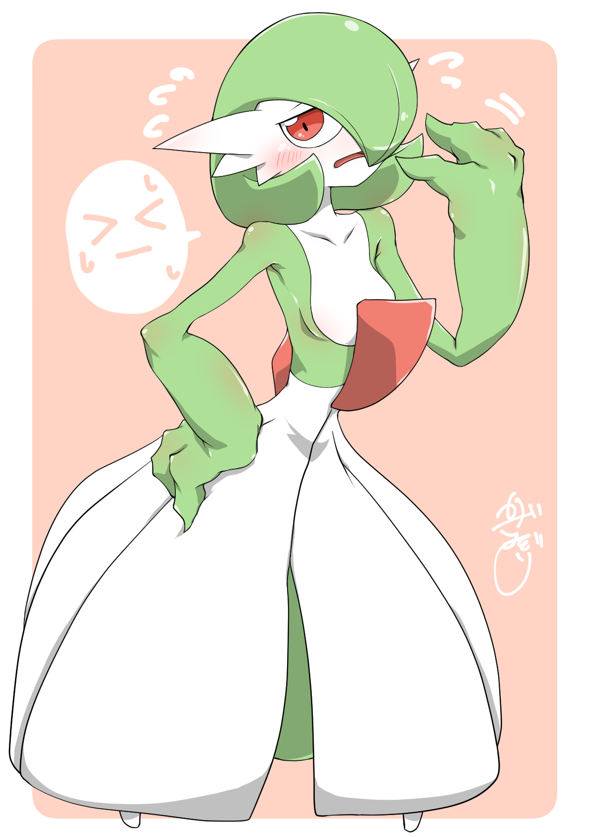 kazamidoririnn, gardevoir, nintendo, pokemon, > <, 1girl, artist name, blush, bob cut, border, breasts, collarbone, colored skin, embarrassed, female focus, flying sweatdrops, full body, gen 3 pokemon, green hair, green skin, hair over one eye, half-closed eyes, hand on own hip, hand up, looking at viewer, multicolored skin, one eye covered, open mouth, outside border, pink background, pokemon (creature), red eyes, short hair, signature, simple background, small breasts, solo, spoken expression, standing, two-tone skin, white border, white skin