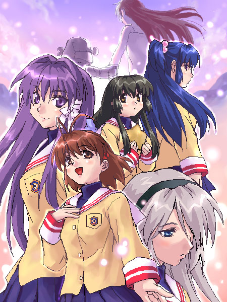 zen, fujibayashi kyou, furukawa nagisa, garbage doll, girl from the illusionary world, ibuki fuuko, ichinose kotomi, sakagami tomoyo, clannad, silver hair, 00s, 6+girls, :d, black hair, blue hair, brown eyes, brown hair, expressionless, floating, hairband, humanoid robot, long hair, long sleeves, multiple girls, open mouth, ponytail, purple eyes, purple hair, red hair, robot, school uniform, serafuku, sidelocks, smile, very long hair, wind