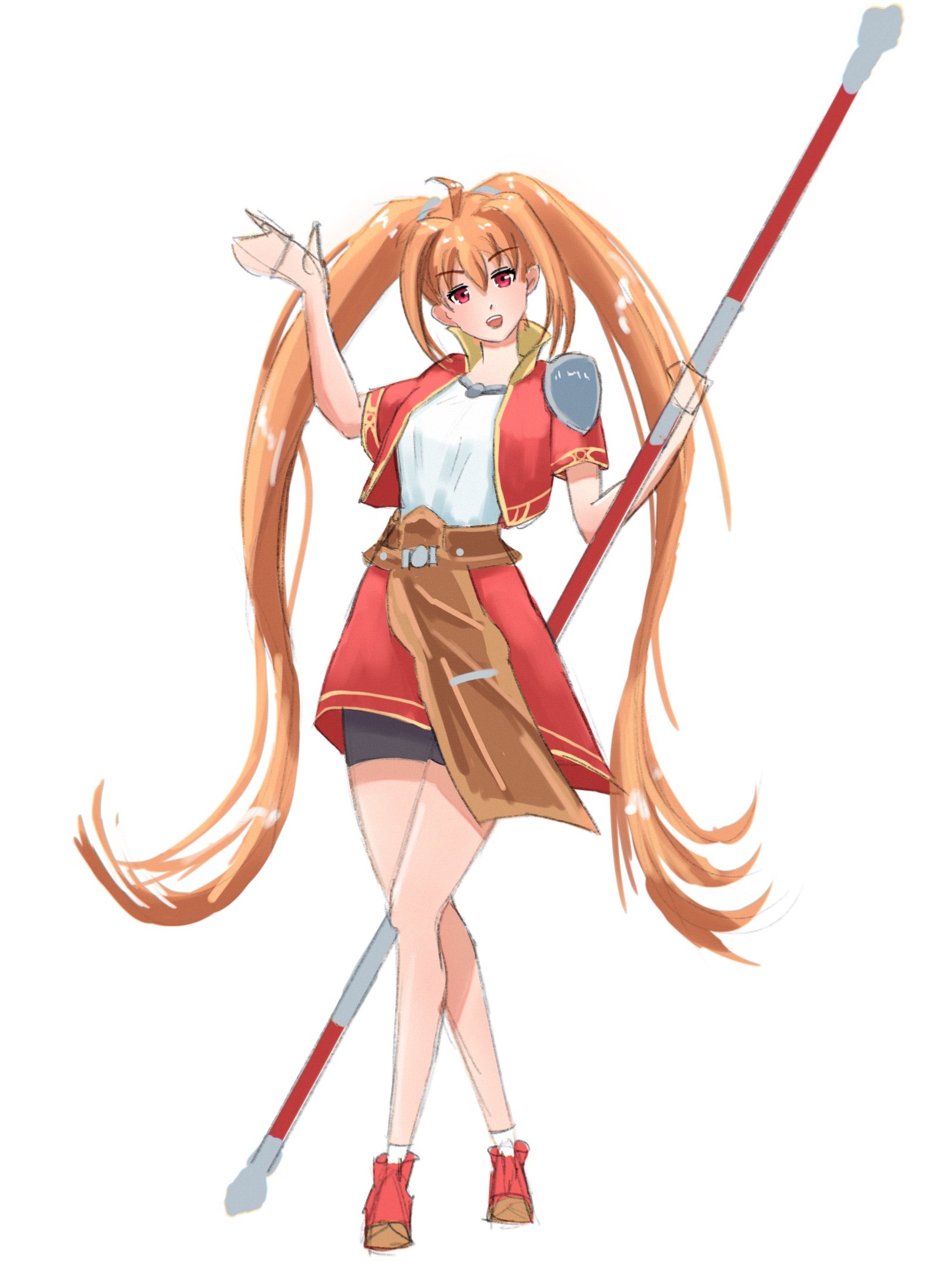 r thors, estelle bright, eiyuu densetsu, sora no kiseki, commentary, english commentary, highres, 1girl, ahoge, antenna hair, armor, bike shorts, brown hair, cropped jacket, double-parted bangs, full body, hair between eyes, holding, holding staff, holding weapon, long hair, looking at viewer, open mouth, pauldrons, shoes, shorts, shoulder armor, simple background, single pauldron, skirt, smile, sneakers, solo, staff, tachi-e, twintails, very long hair, weapon, white background