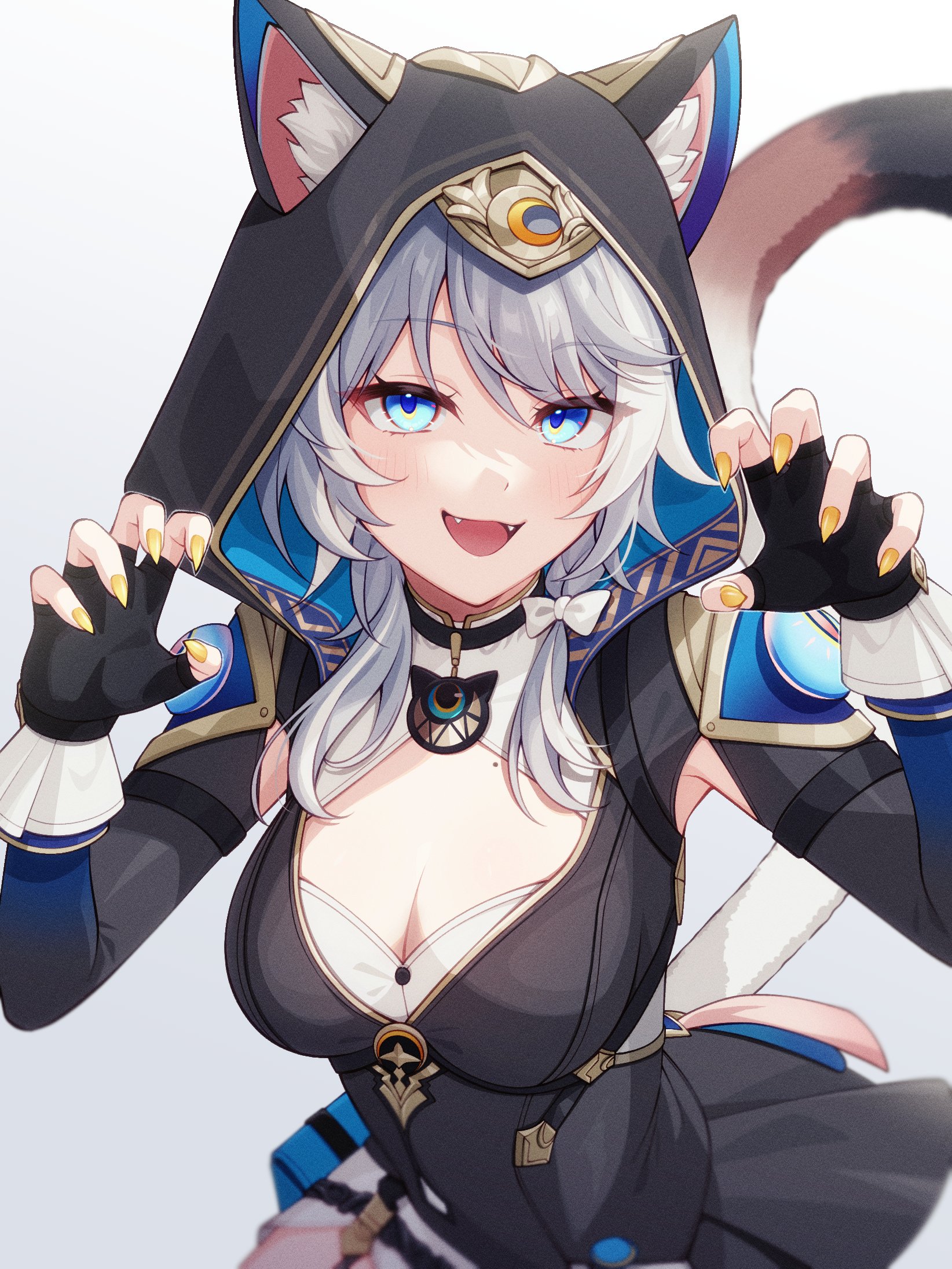 pochimaru (marumaru wanwan), cipher (honkai: star rail), honkai: star rail, honkai (series), highres, 1girl, animal ear fluff, animal ears, animal hood, black gloves, blue eyes, breasts, brown tail, cat ears, cat girl, cat hood, cat tail, cleavage, ears through hood, fangs, fingerless gloves, gloves, grey hair, hood, long sleeves, looking at viewer, medium breasts, mole, multicolored tail, open mouth, smile, solo, tail, tongue, white background, yellow nails