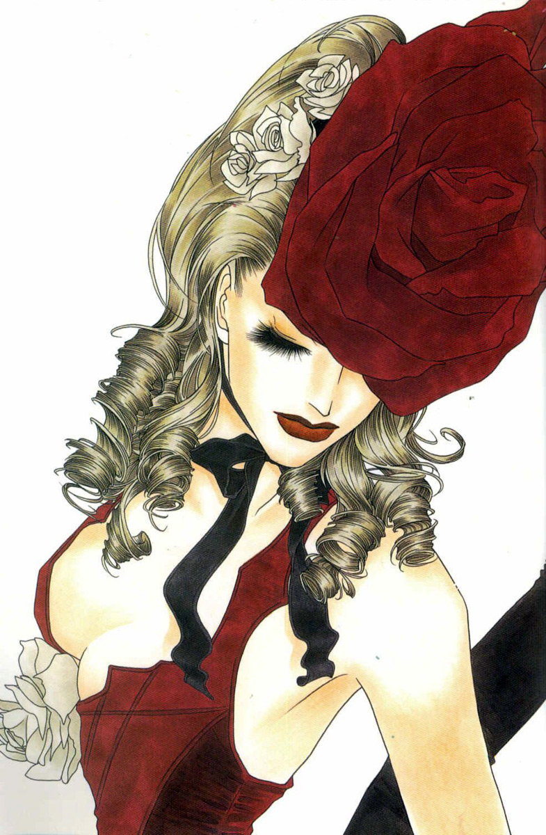 mihara, highres, breasts, cleavage, doll, flower, goth fashion, gothic lolita, lolita fashion, mitsukazu, rose