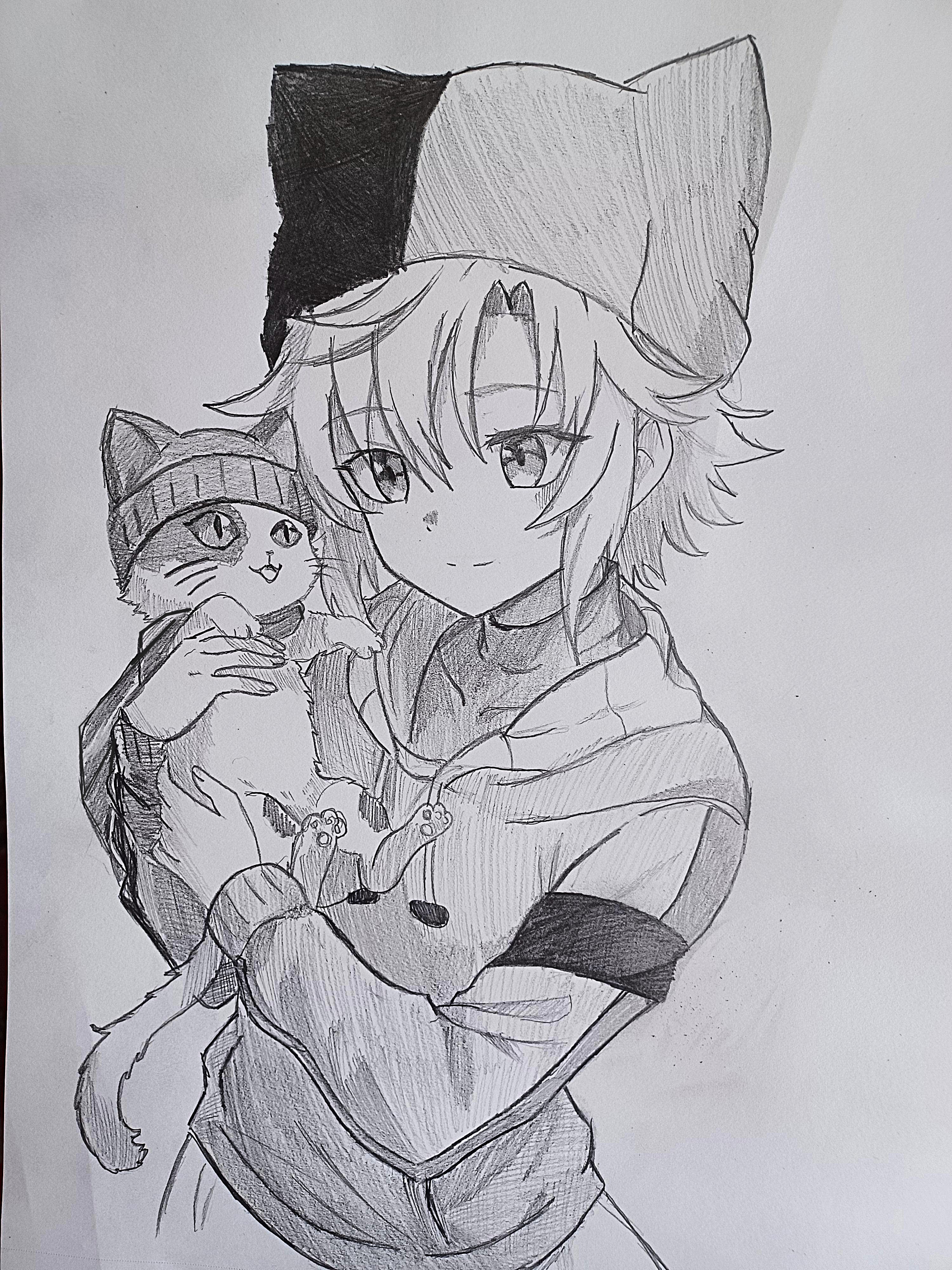 fie claussell, eiyuu densetsu, sen no kiseki (series), absurdres, artist request, commentary, english commentary, graphite (medium), highres, traditional media, 1girl, 1other, animal, artist name, beanie, cat, curtained hair, hat, holding, holding animal, holding cat, parted bangs, portrait, sketch, smile