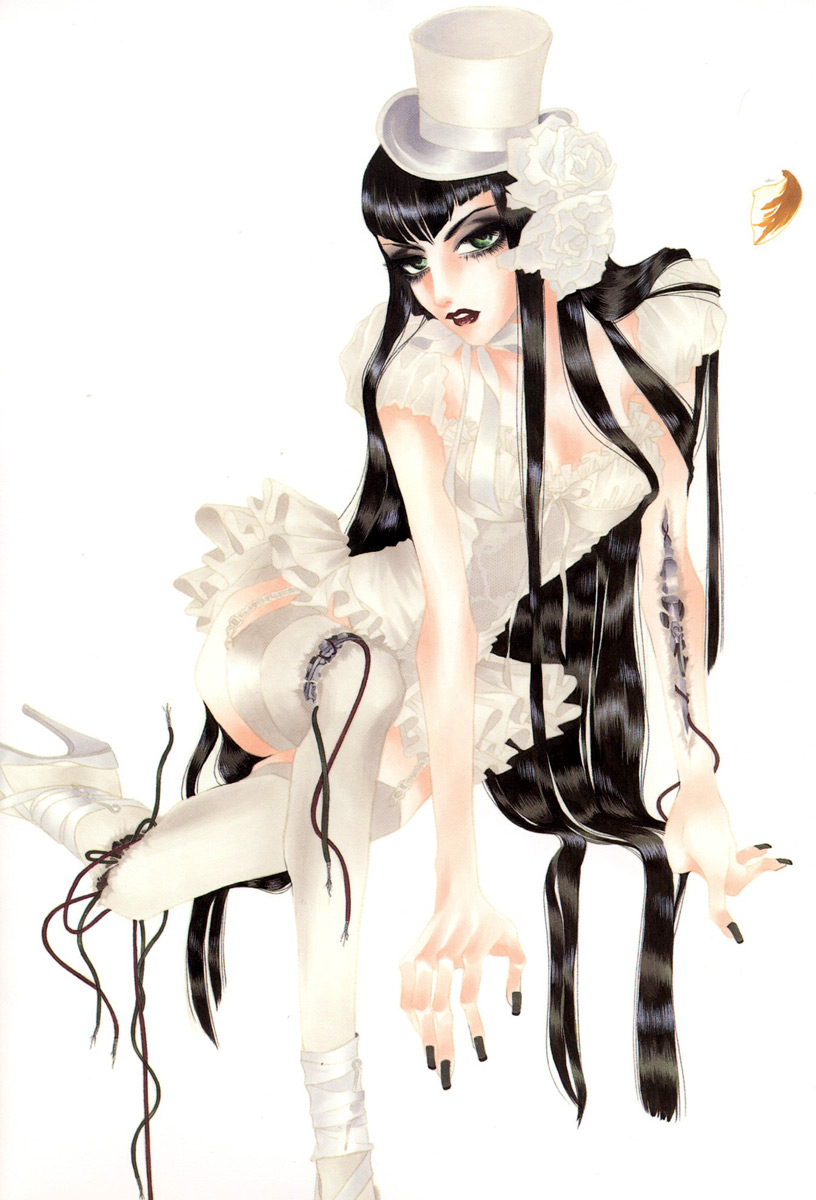 mihara, highres, black hair, breasts, cleavage, doll, flower, goth fashion, hat, lipstick, makeup, mitsukazu, rose, top hat