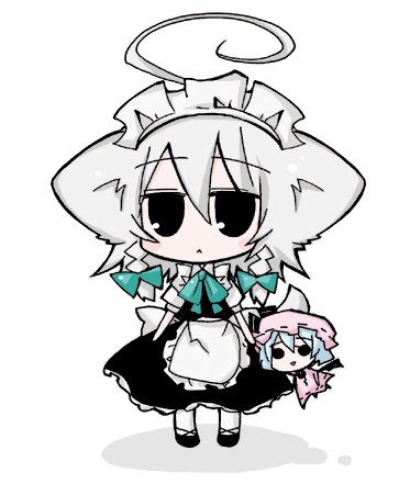 nejikirio, inu sakuya (nejikirio), izayoi sakuya, remilia scarlet, touhou, lowres, 2girls, ahoge, animal ears, chibi, dog ears, dog tail, doll, female focus, multiple girls, tail