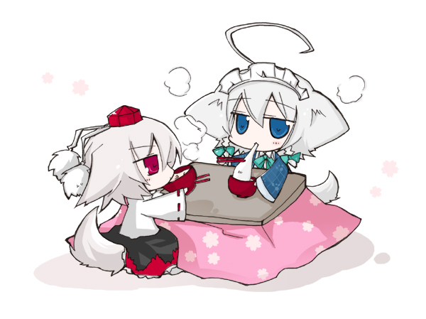 nejikirio, inu sakuya (nejikirio), inubashiri momiji, izayoi sakuya, touhou, 2girls, ahoge, animal ears, blue eyes, chibi, dog ears, dog tail, female focus, kotatsu, multiple girls, red eyes, table, tail, wolf ears