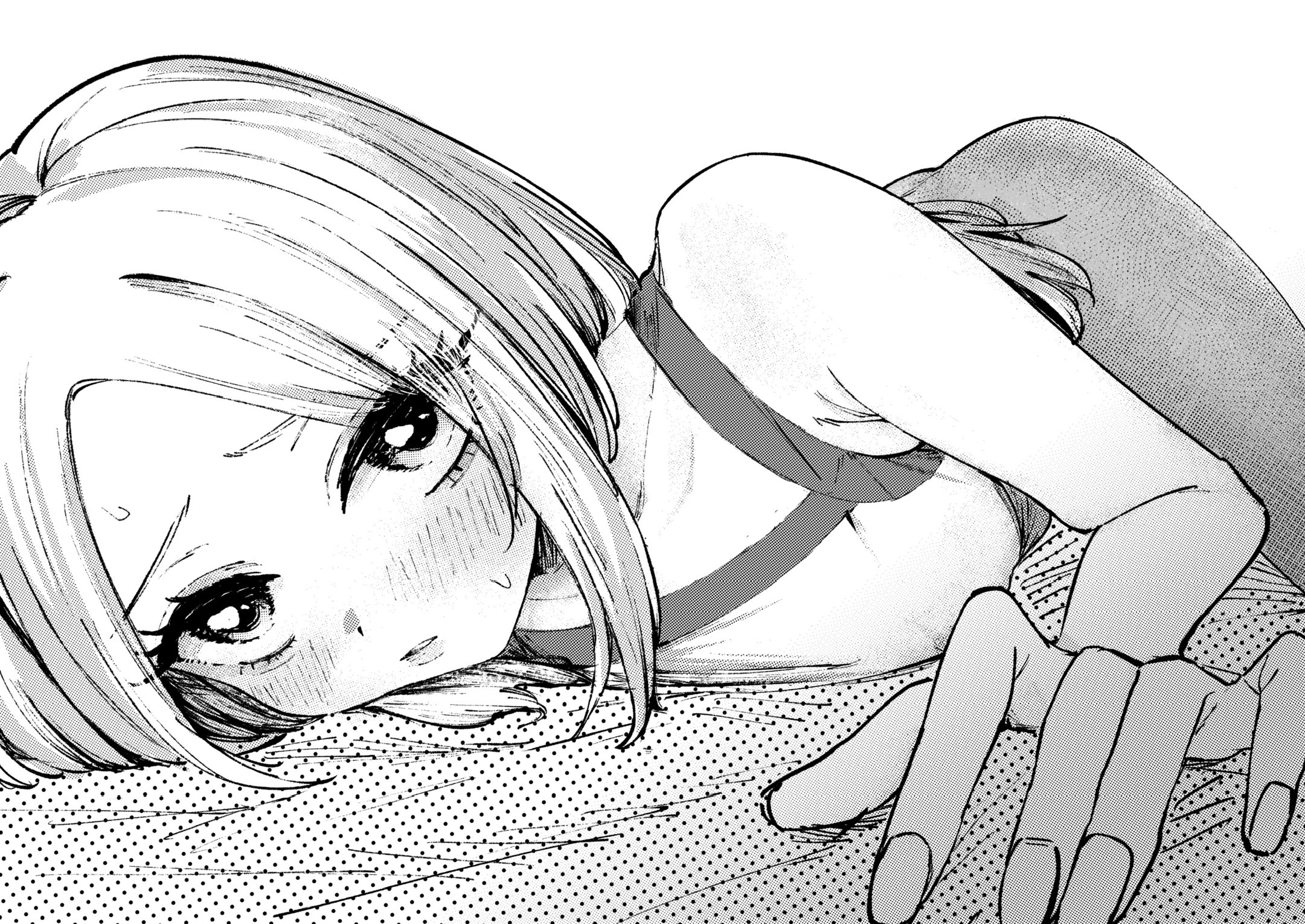 kzmm, juo sena, gakuen idolmaster, idolmaster, highres, 1girl, :/, armpit crease, blush, breasts, collarbone, fingernails, forehead, greyscale, leggings, long hair, lying, medium breasts, monochrome, on stomach, solo, sports bra, sweatdrop