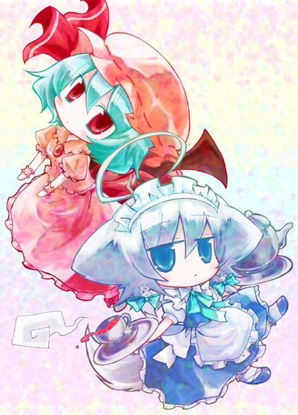 nejikirio, inu sakuya (nejikirio), izayoi sakuya, remilia scarlet, touhou, 2girls, ahoge, animal ears, blue eyes, chibi, dog ears, dog tail, female focus, multiple girls, red eyes, tail, tea, teapot