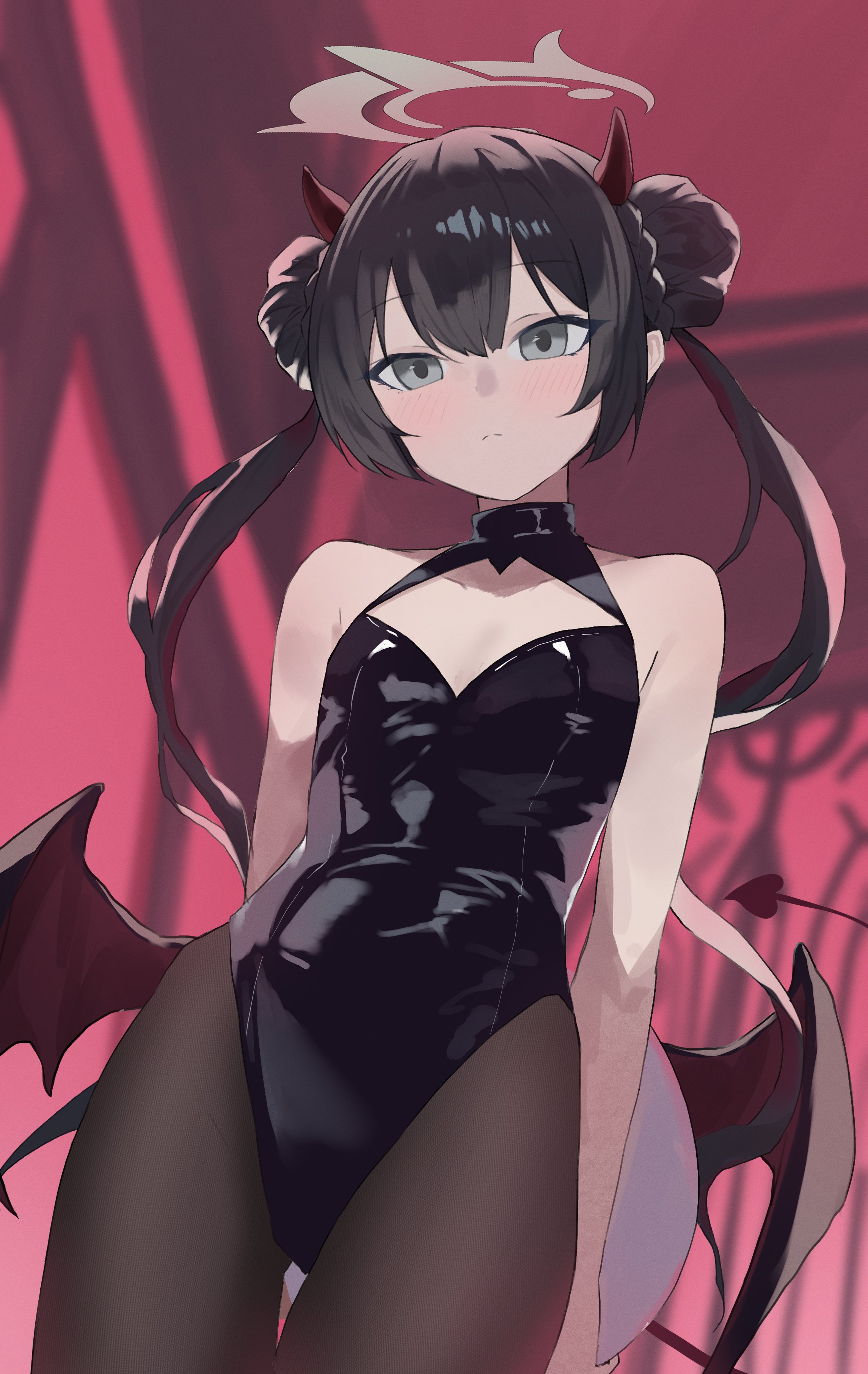 kisaki (blue archive), blue archive, absurdres, highres, bare shoulders, black hair, double bun, grey eyes, hair bun, halo, horns, leotard, looking at viewer, playboy bunny, tail, wings
