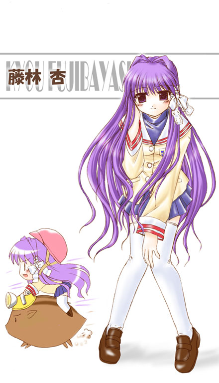 mizuna (water emp-tei), botan (clannad), fujibayashi kyou, clannad, 00s, chibi, helmet, school uniform, serafuku, thighhighs