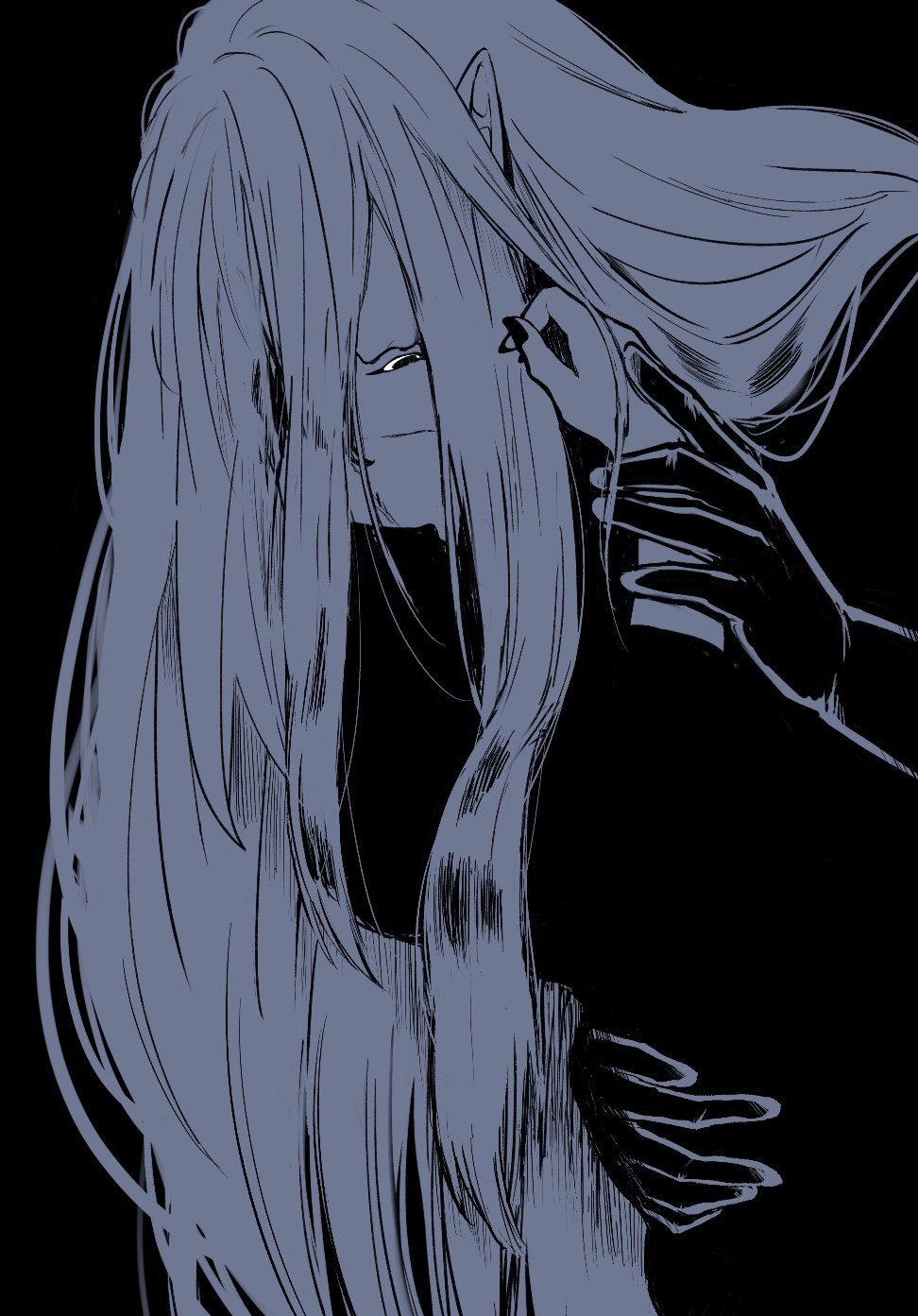 balam shichiro, naberius kalego, mairimashita! iruma-kun, highres, 2boys, arm around waist, black background, gloves, greyscale, hand on another's wrist, hug, isiko mim z, long hair, male focus, monochrome, multiple boys, nail polish, pointy ears, simple background, smile, very long hair, yaoi