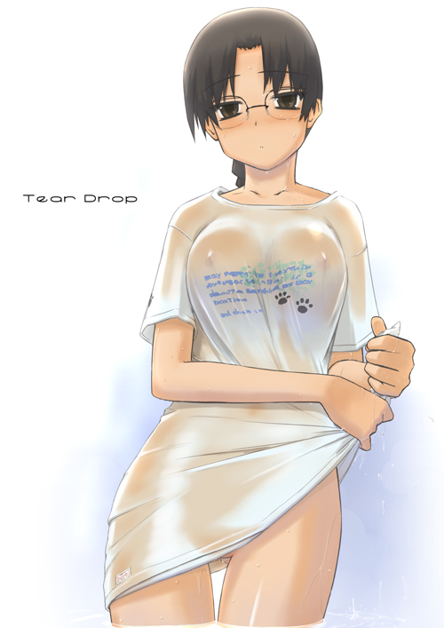 tsuina, hoshina tomoko, to heart, to heart (series), 1girl, braid, breasts, covered erect nipples, female focus, glasses, medium breasts, see-through clothes, solo, thighs, wet