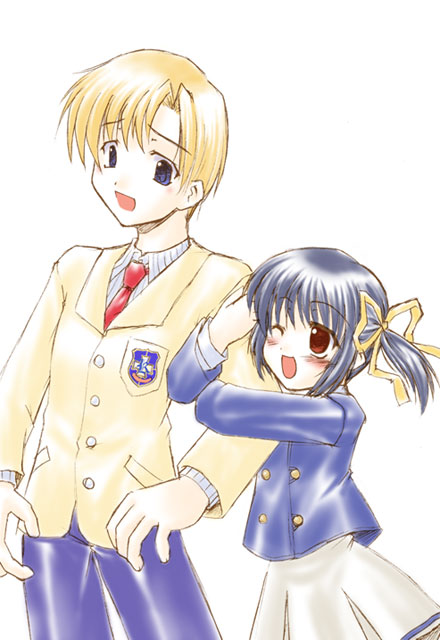 mizuna (water emp-tei), sunohara mei, sunohara youhei, clannad, 00s, 1boy, 1girl, ;d, arm hug, black hair, blazer, blonde hair, buttons, cowboy shot, denim, height difference, jacket, jeans, necktie, one eye closed, open mouth, pants, red eyes, red necktie, school uniform, serafuku, short hair, simple background, skirt, smile, standing, white background, white skirt, wink