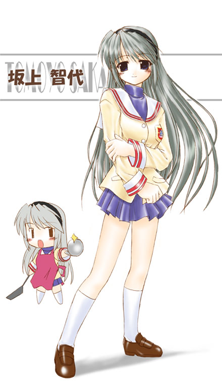 mizuna (water emp-tei), sakagami tomoyo, clannad, 00s, apron, character name, chibi, frying pan, ladle, school uniform, serafuku
