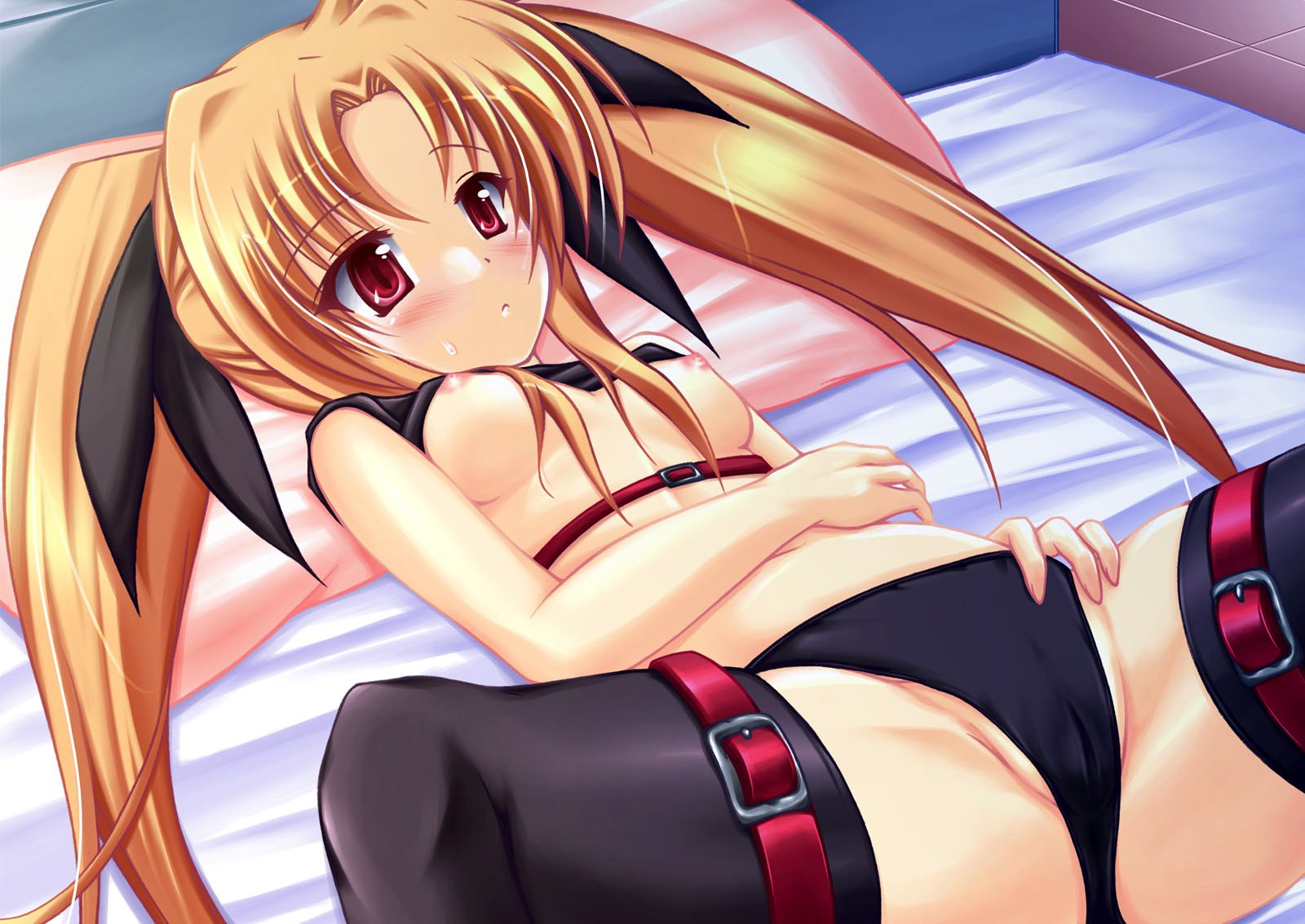 uminchu, fate testarossa, lyrical nanoha, mahou shoujo lyrical nanoha, mahou shoujo lyrical nanoha a's, highres, 00s, 1girl, bed, blonde hair, blush, breasts, cameltoe, female focus, long hair, lying, panties, solo, spread legs, thighhighs, underwear