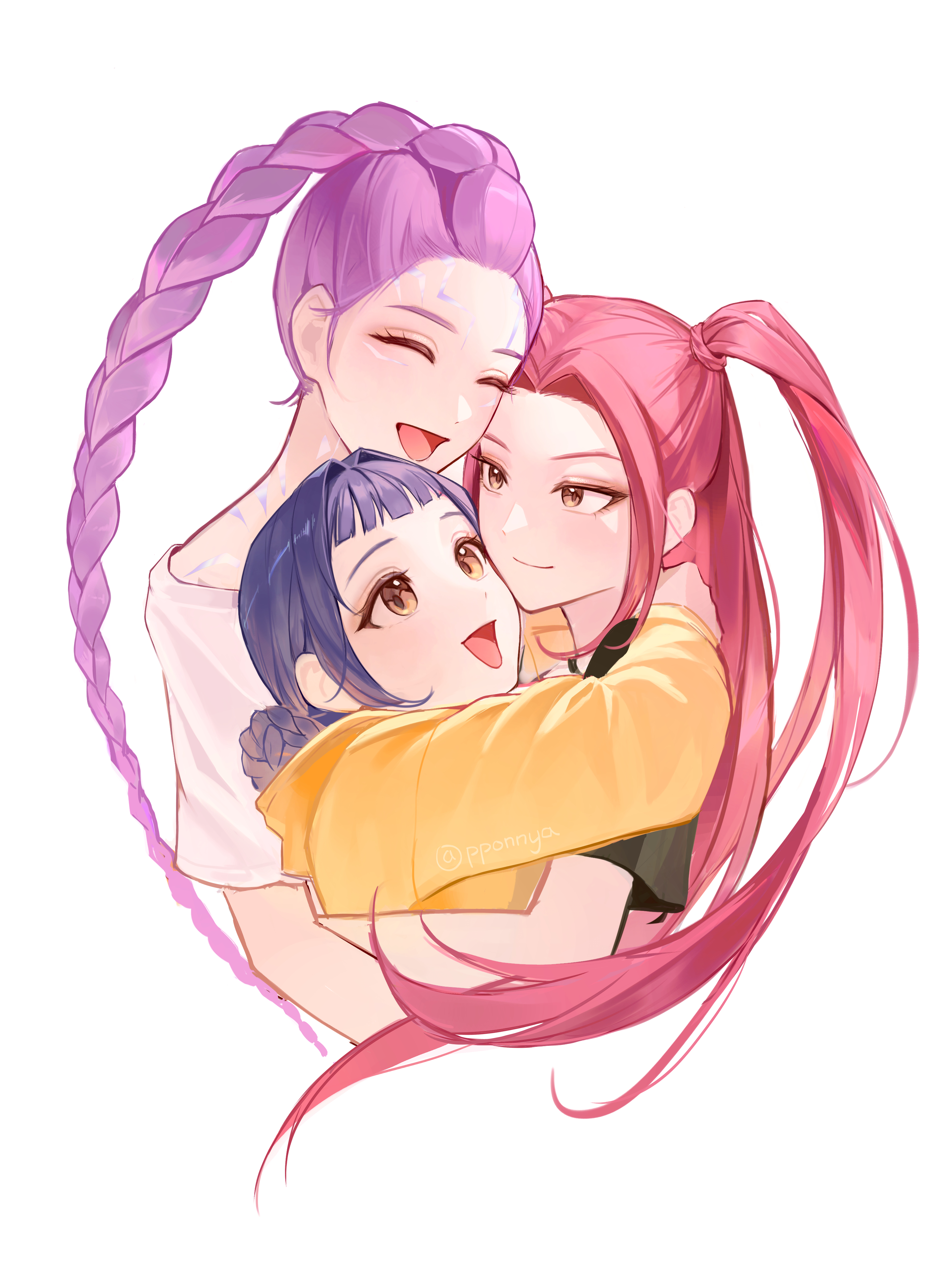 pponnya, mira (kpop demon hunters), rumi (kpop demon hunters), zoey (kpop demon hunters), kpop demon hunters, absurdres, highres, 3girls, blue hair, braid, brown eyes, closed eyes, forehead, hug, long hair, long sleeves, multiple girls, open mouth, purple hair, red hair, shirt, smile, twintails, white background, white shirt, yellow eyes, yellow shirt