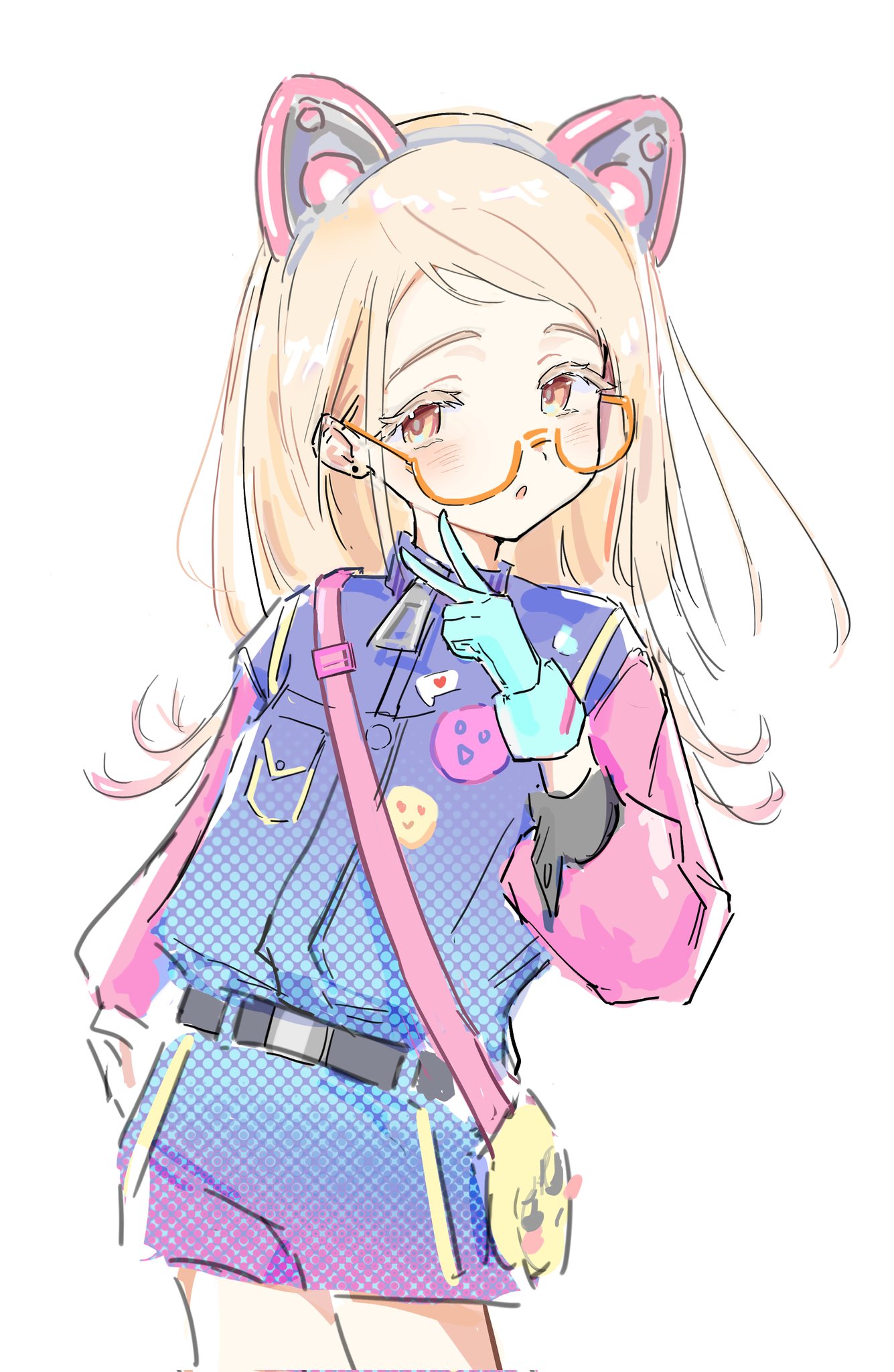 ozawa 0v0, shinosawa hiro, gakuen idolmaster, idolmaster, highres, 1girl, animal ears, aqua gloves, bag, belt, black belt, blonde hair, blue jacket, bright pupils, earrings, fake animal ears, gloves, green gloves, jacket, jewelry, long hair, long sleeves, multicolored jacket, orange eyes, puffy long sleeves, puffy sleeves, short hair, shoulder bag, simple background, solo, v, white background, yellow-framed eyewear, yellow bag, zipper, zipper pull tab