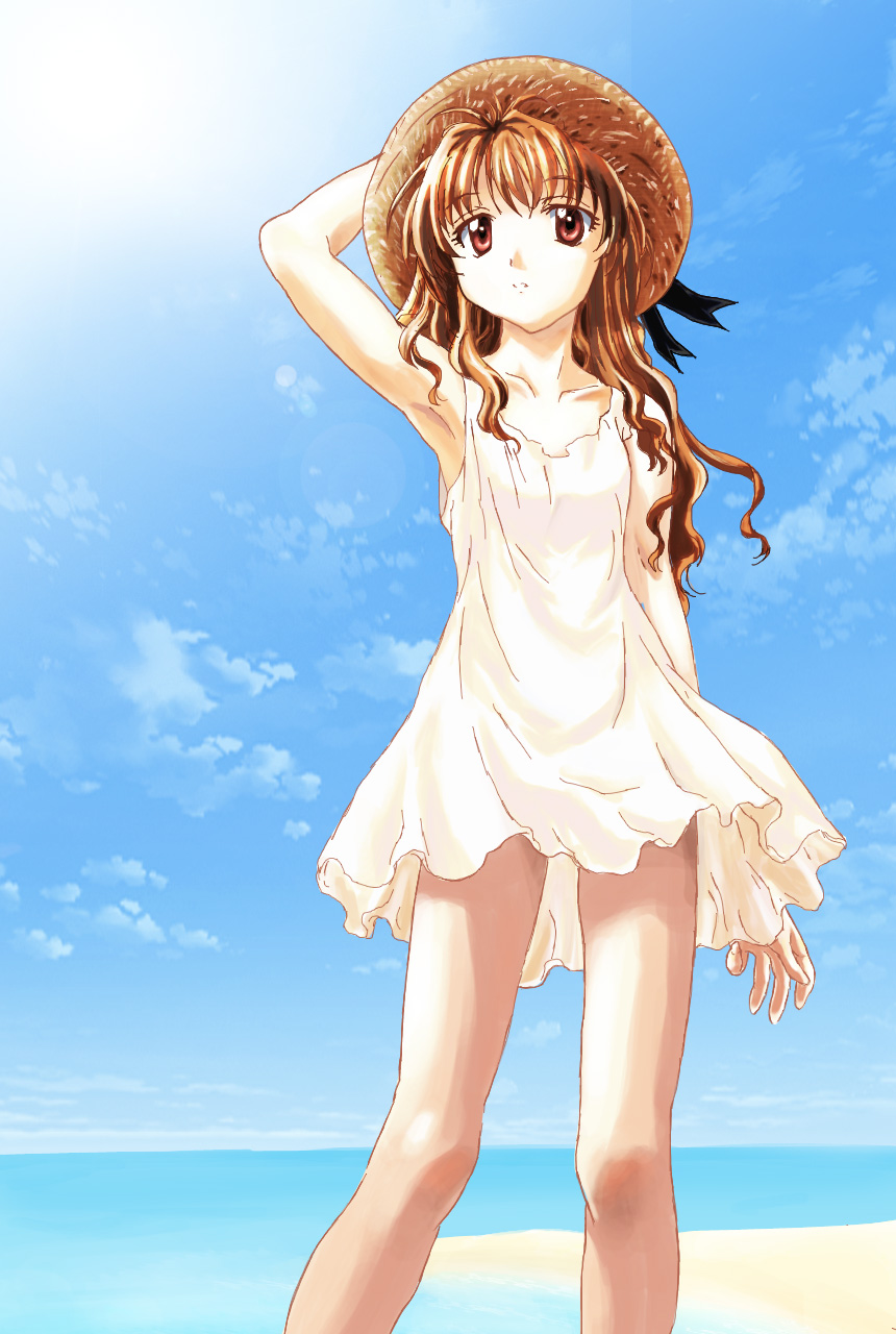sazanami (artist), uon taraku, morino ichigo, onegai teacher, bad id, bad pixiv id, highres, 00s, 1girl, arm up, armpits, beach, brown hair, cloud, day, dress, female focus, flat chest, hat, legs, long hair, ocean, outdoors, red eyes, ribbon, sky, smile, solo, standing, straw hat, sun, sundress, water, wavy hair