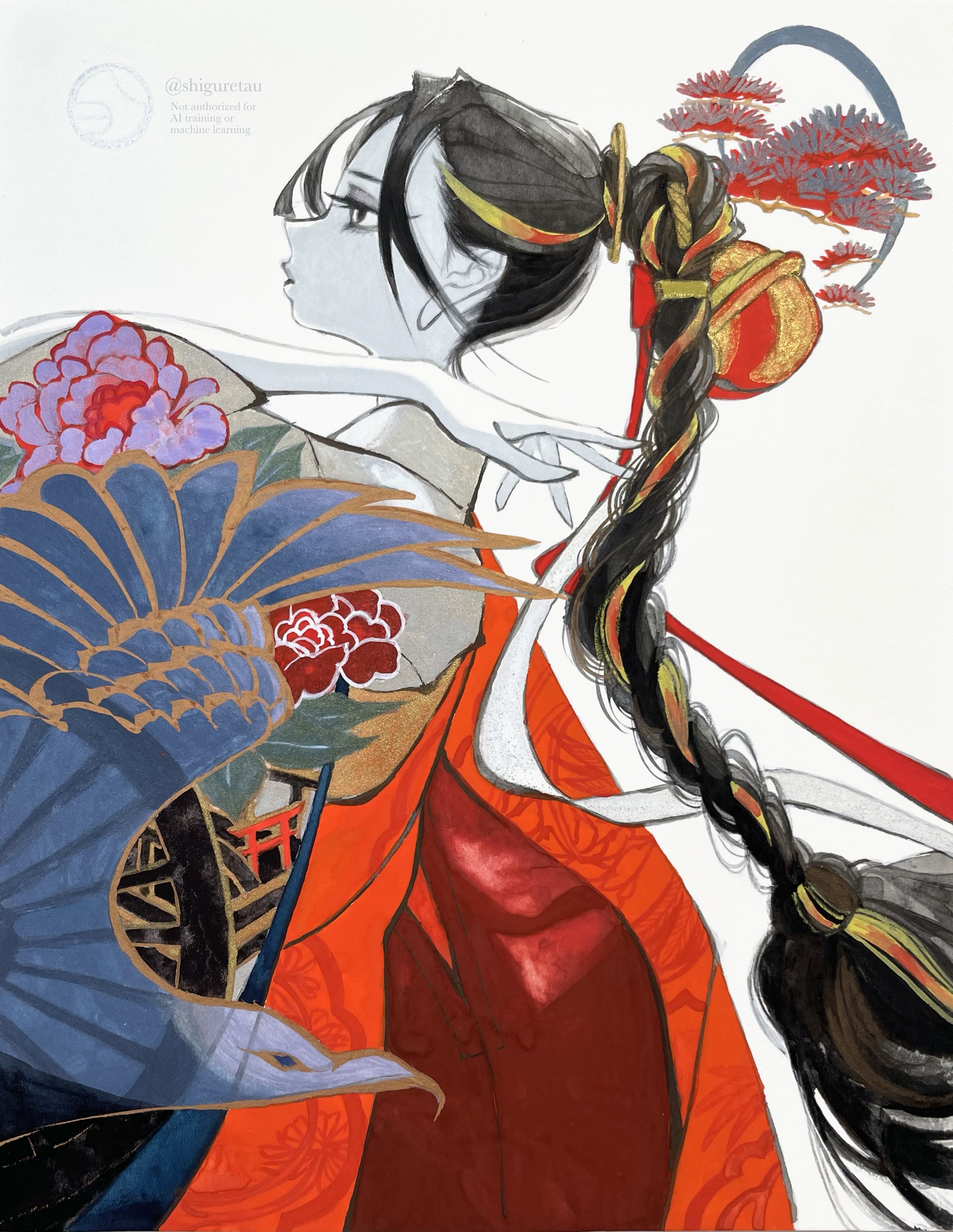 shiguretau, original, absurdres, highres, 1girl, animal print, arm up, bell, bird print, black eyes, black hair, blonde hair, braid, braided ponytail, eyelashes, from side, hair bell, hair ornament, hair ribbon, japanese clothes, kimono, lips, long hair, multicolored hair, narrowed eyes, print kimono, ribbon, sidelocks, signature, simple background, solo, streaked hair, very long hair, wide sleeves