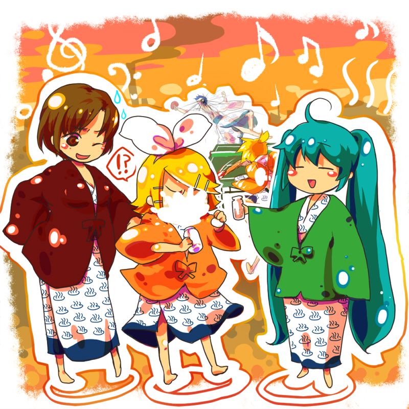hashimochi, hatsune miku, kagamine len, kagamine rin, kaito (vocaloid), meiko (vocaloid), vocaloid, 2boys, 3girls, ;d, ^ ^, ahoge, aqua hair, barefoot, brown hair, closed eyes, hairband, hairclip, hanten (clothes), in the face, japanese clothes, kimono, long hair, long sleeves, looking at viewer, multiple boys, multiple girls, one eye closed, onsen, open mouth, parallel hairclips, short hair, smile, standing, standing on liquid, twintails, very long hair, yukata
