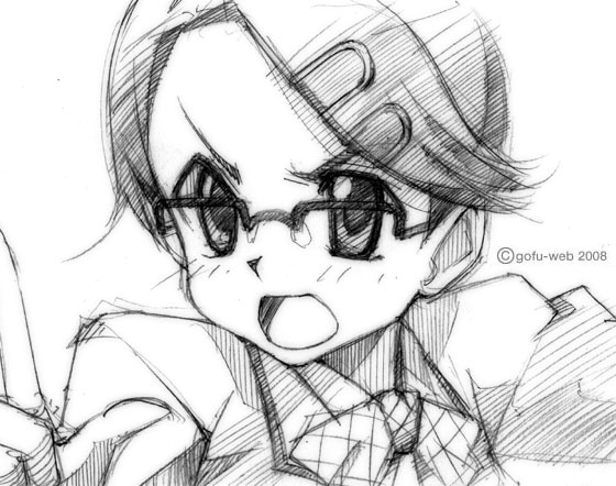 gofu, asahina akane, kanokon, traditional media, 00s, 1girl, female focus, glasses, greyscale, monochrome, school uniform, sketch, solo