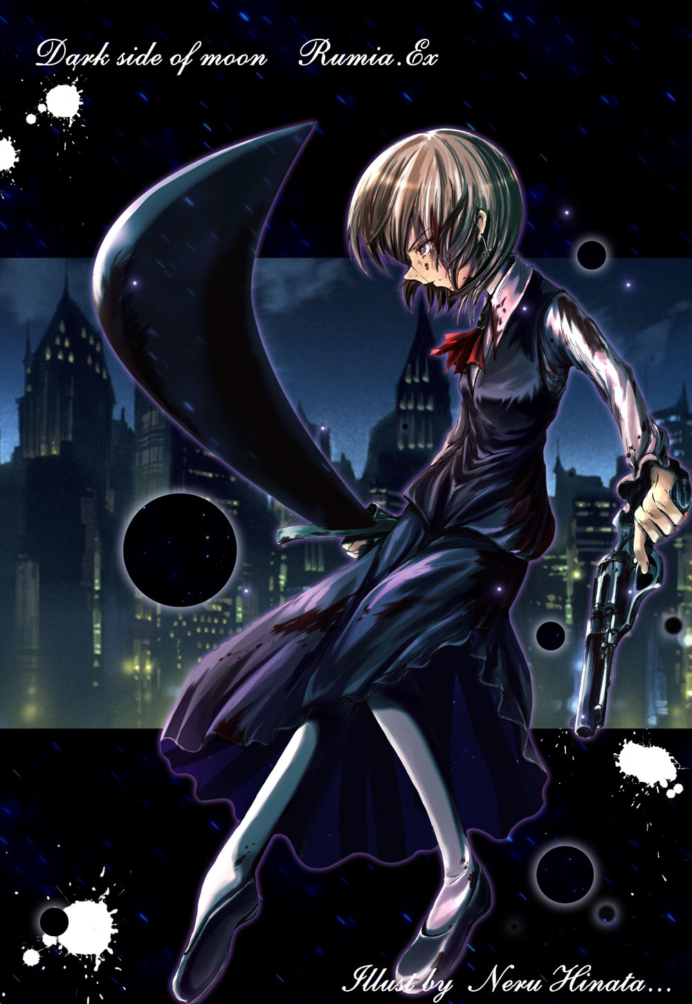 ex-rumia, rumia, embodiment of scarlet devil, touhou, highres, …, 1girl, blonde hair, blood, city, cross, female focus, full body, gun, handgun, neru hinata (artist), red eyes, revolver, school uniform, serafuku, skirt, sky, solo, sword, thighhighs, weapon