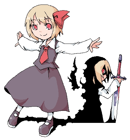 ex-rumia, rumia, embodiment of scarlet devil, touhou, lowres, 2girls, blonde hair, female focus, full body, multiple girls, outstretched arms, red eyes, simple background, spread arms, standing, white background