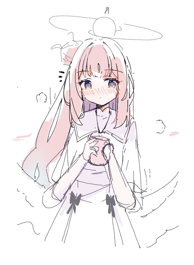 ayahosiyuki, mika (blue archive), blue archive, 1girl, angel wings, blush, closed mouth, cup, dress, hair bun, halo, holding, holding cup, long hair, low wings, mug, pink hair, simple background, single side bun, sketch, solo, white background, white dress, white wings, wings, yellow eyes
