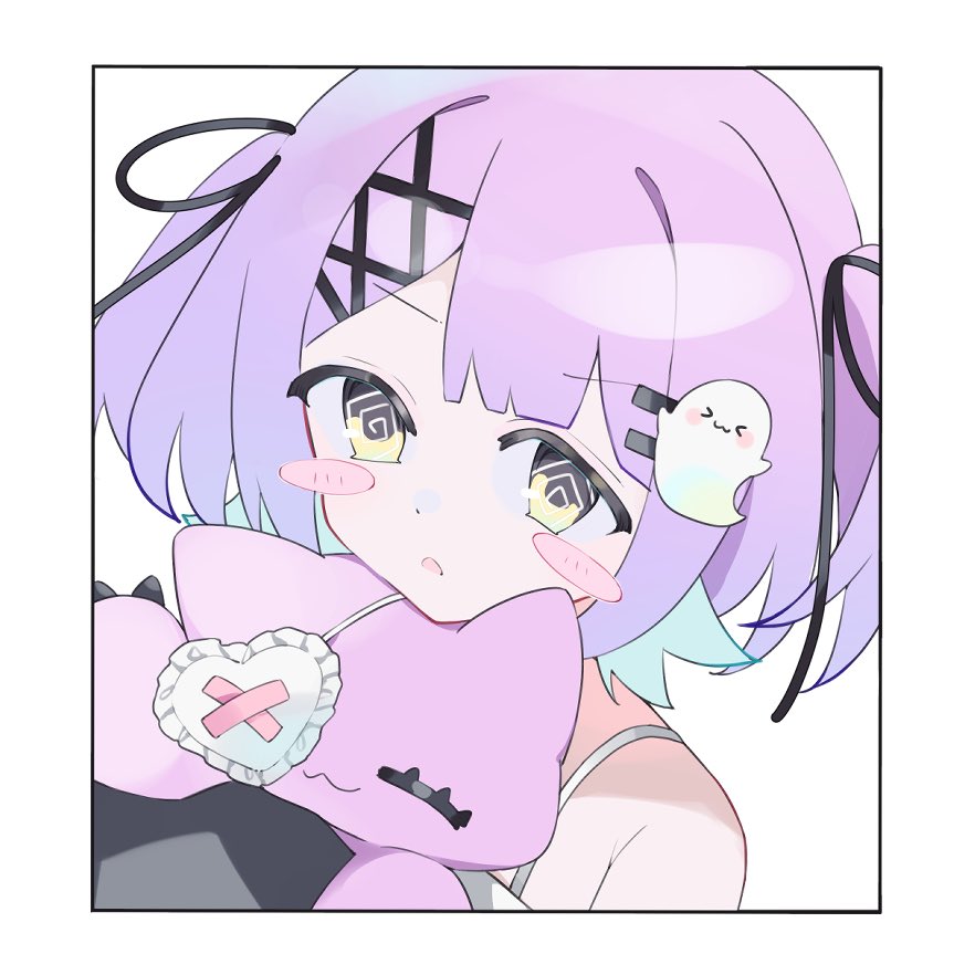 uwosa kana, shinomiya runa, shinomiya runa (1st costume), vspo!, 1girl, @ @, aqua hair, black ribbon, blush stickers, border, colored inner hair, eyepatch, hair ornament, hair ribbon, holding, holding stuffed toy, looking at viewer, multicolored hair, open mouth, portrait, purple hair, ribbon, short hair, simple background, solo, stuffed animal, stuffed cat, stuffed toy, two-tone hair, two side up, upper body, virtual youtuber, white background, white border, x hair ornament, x x, yellow eyes