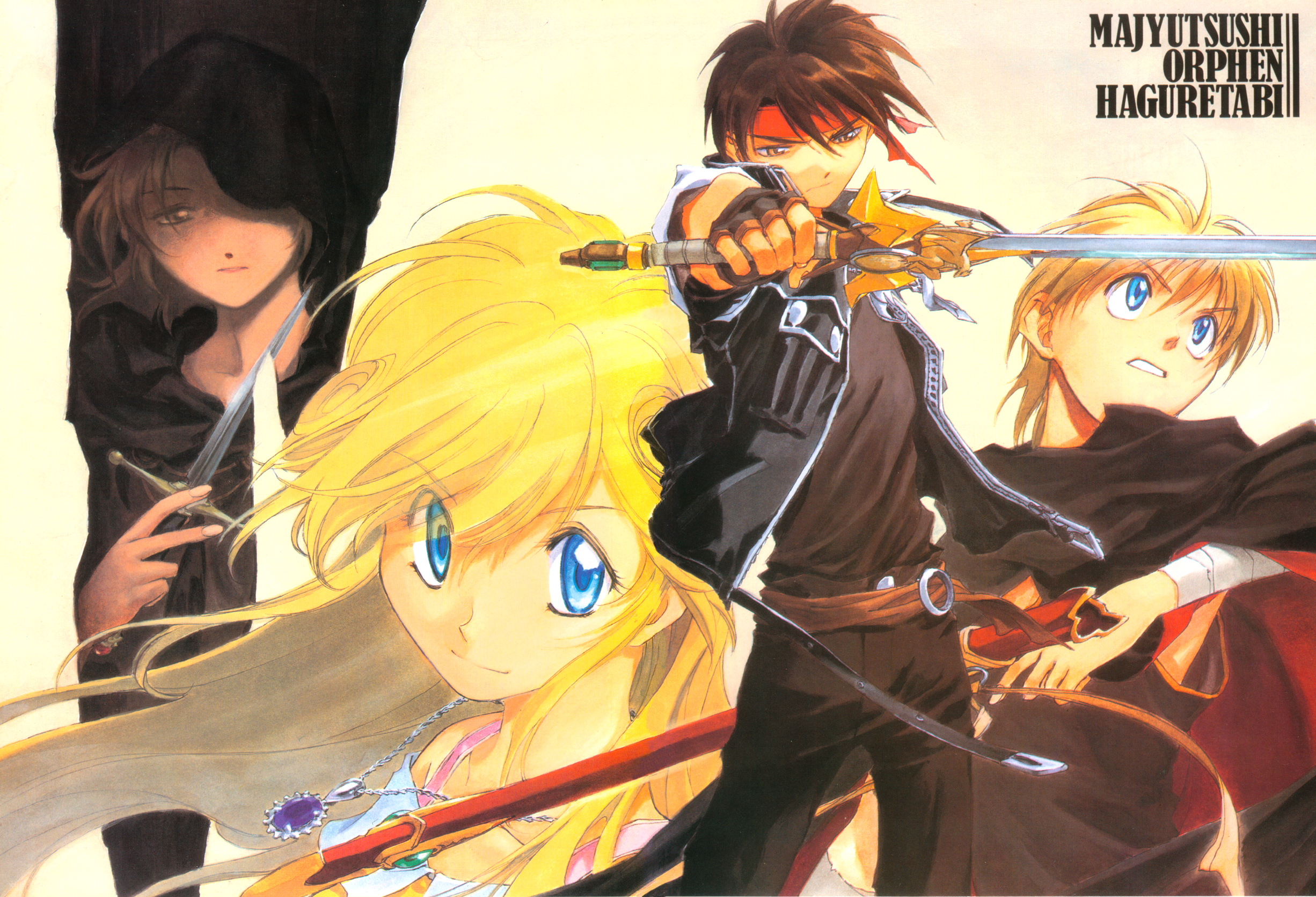 kusaka yuuya, azalie cait sith, cleo everlastin, majic lin, orphen, majutsushi orphen, highres, 2boys, 2girls, black hair, blonde hair, blue eyes, headband, jewelry, long hair, multiple boys, multiple girls, necklace, short hair, sword, weapon
