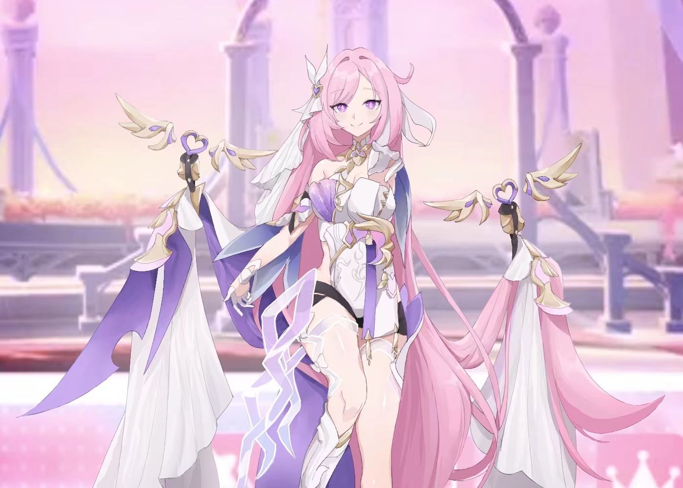 miaooon, elysia (herrscher of human: ego) (honkai impact), elysia (honkai impact), honkai (series), honkai impact 3rd, chinese commentary, commentary request, 1girl, bell, black shorts, breasts, colored skin, corset, diamond-shaped pupils, diamond (shape), gloves, large breasts, long hair, multicolored hair, pink hair, pink skin, purple eyes, short shorts, shorts, smile, solo, symbol-shaped pupils, two-tone hair, veil, very long hair, white corset, white gloves, white hair, white veil