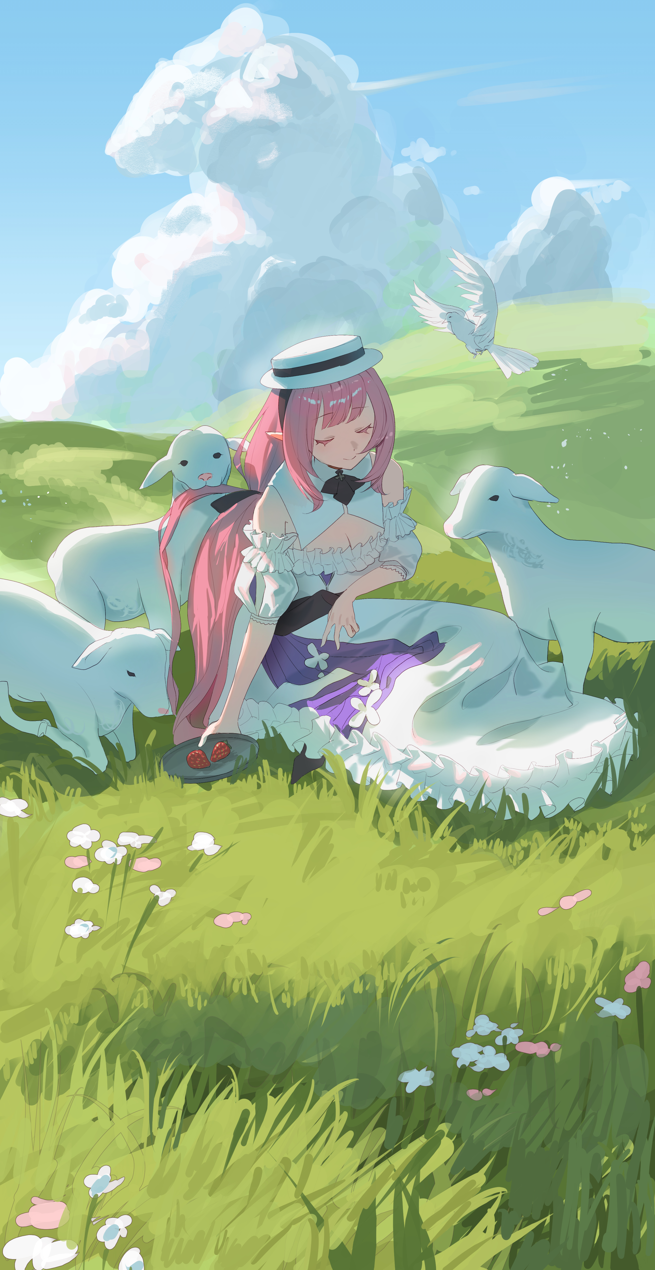miaooon, elysia (honkai impact), elysia (miss pink elf) (honkai impact), elysia (sweet memories) (honkai impact), honkai (series), honkai impact 3rd, absurdres, highres, 1girl, bird, blue sky, breasts, cleavage, closed eyes, closed mouth, cloud, cloudy sky, detached sleeves, dress, elf, flying, food, fruit, grass, hat, holding, holding plate, large breasts, long dress, long hair, on grass, outdoors, pink hair, plate, pointy ears, puffy short sleeves, puffy sleeves, sheep, short sleeves, sky, strawberry, white bird, white dress, white hat