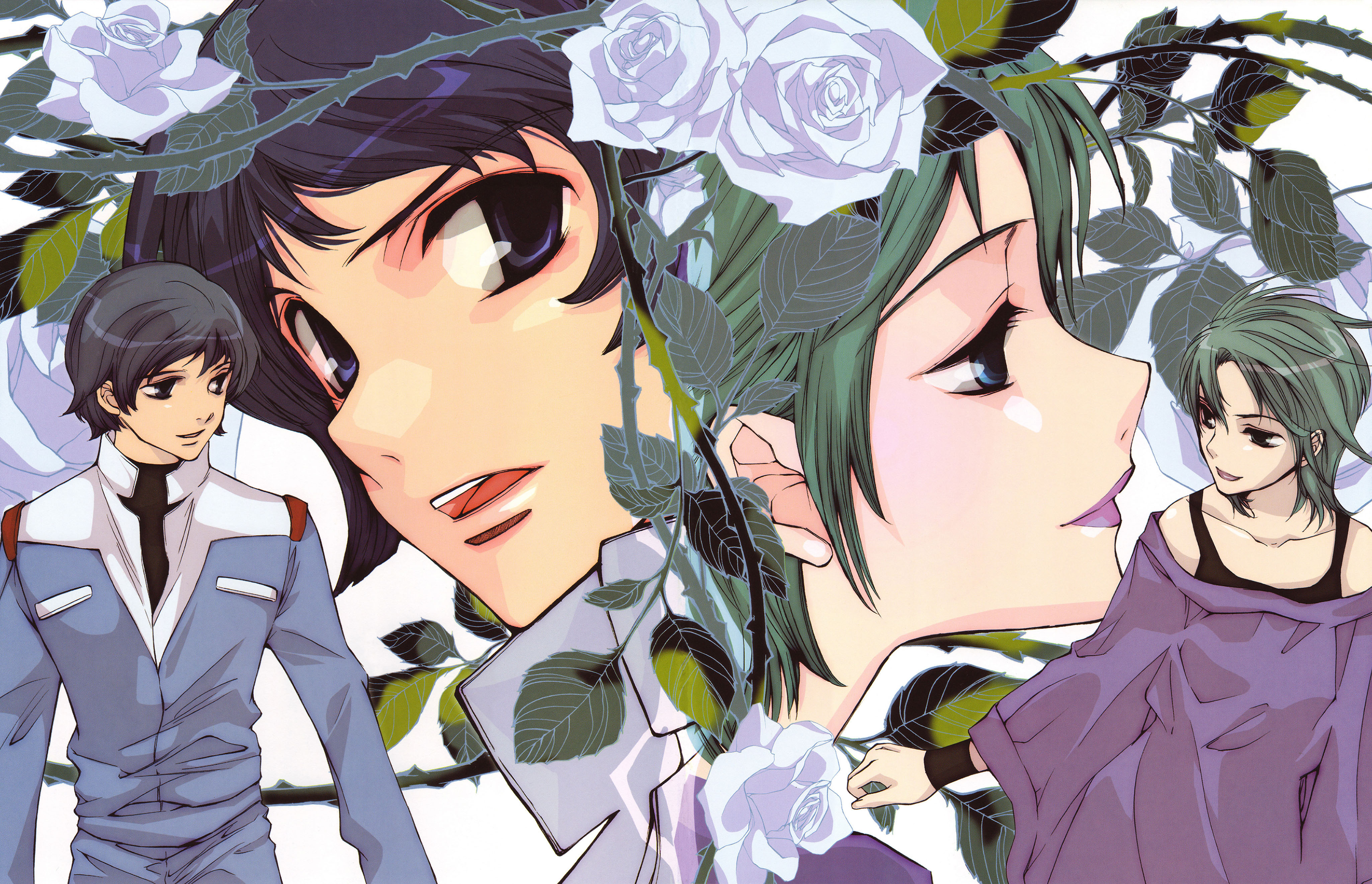 kouga yun, four murasame, kamille bidan, gundam, zeta gundam, absurdres, highres, 1boy, 1girl, aqua hair, blue hair, couple, flower, hetero, lipstick, makeup, purple lips, rose, short hair, tunic, white rose