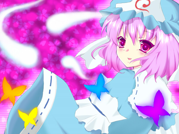 tsuyuri (artist), saigyouji yuyuko, touhou, 1girl, arm garter, blush, bug, butterfly, female focus, floating, frills, ghost, hat, hitodama, japanese clothes, looking at viewer, mob cap, pink eyes, pink hair, ribbon-trimmed collar, ribbon trim, short hair, solo, triangular headpiece, upper body