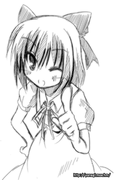 ryuuryuu, cirno, embodiment of scarlet devil, touhou, 1girl, blush, bow, female focus, greyscale, hair bow, hand on own hip, looking at viewer, monochrome, one eye closed, open mouth, short hair, simple background, sketch, smile, solo, white background, wink