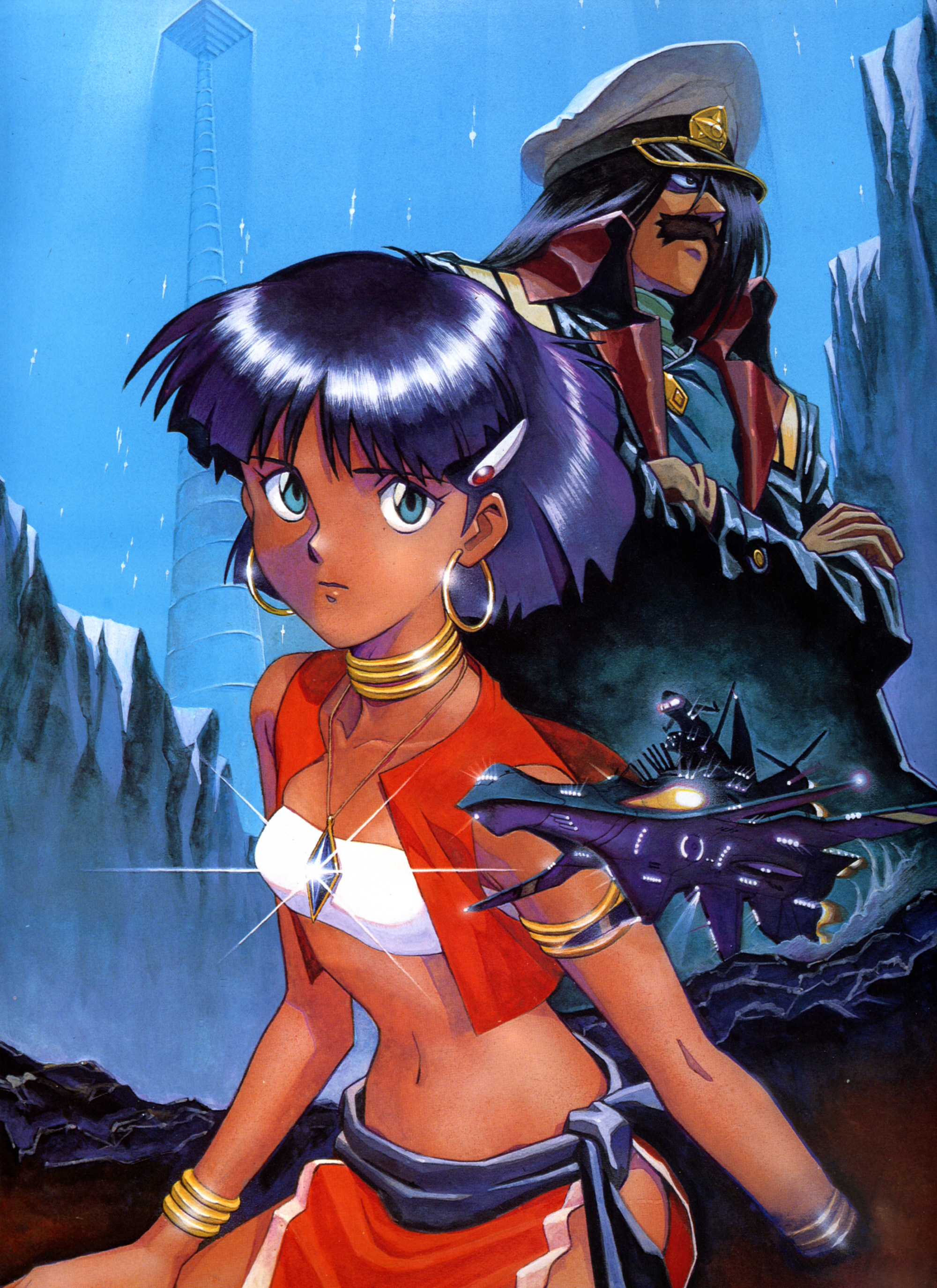 sadamoto yoshiyuki, nadia la arwall, nemo (nadia), fushigi no umi no nadia, absurdres, highres, 1990s (style), 1boy, 1girl, armband, armlet, bandeau, bob cut, bracelet, dark-skinned female, dark skin, earrings, facial hair, green eyes, hair ornament, hairclip, hat, jewelry, loincloth, midriff, military, military uniform, mustache, neck ring, necklace, peaked cap, purple hair, retro artstyle, short hair, strapless, tube top, vest
